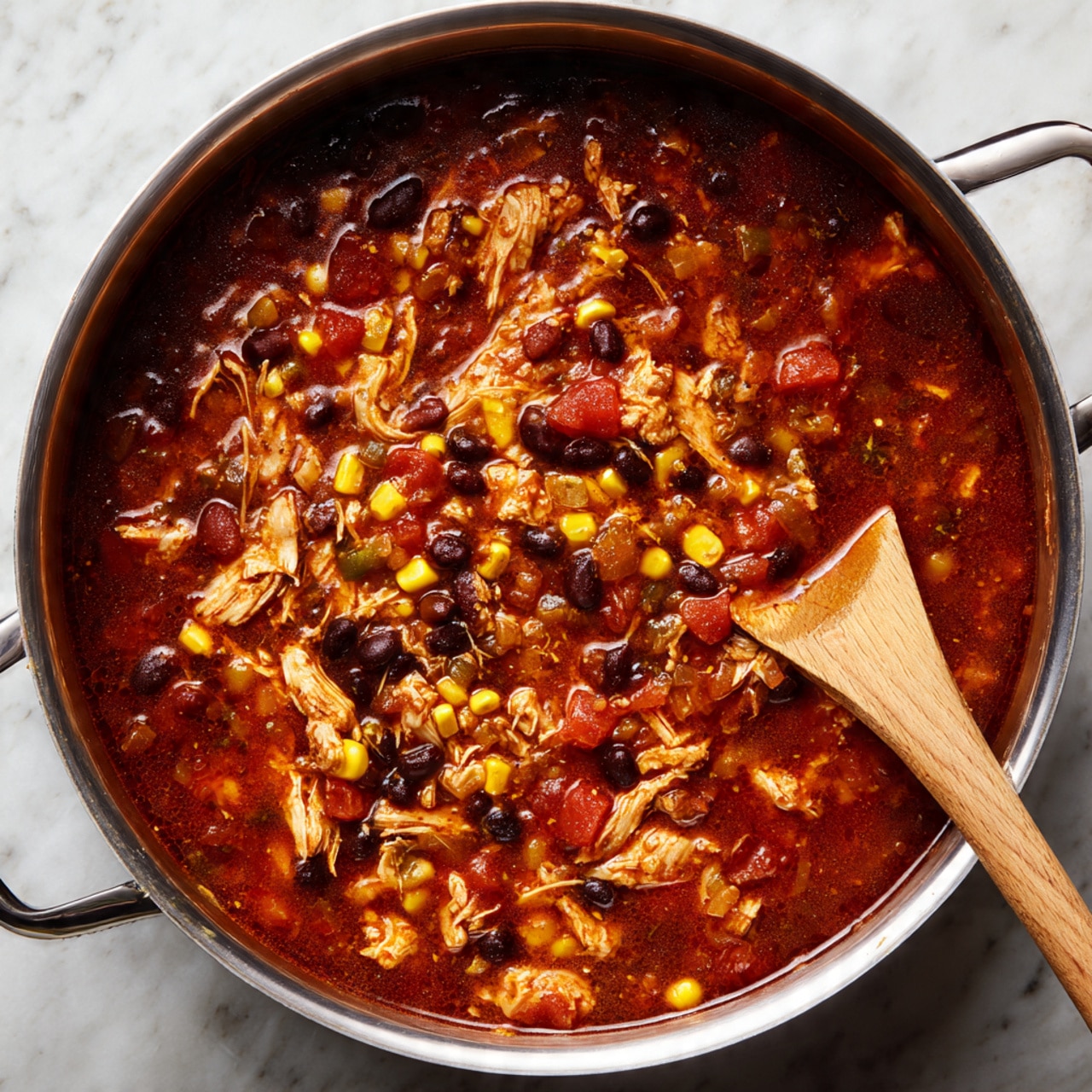 A large metal pot filled with thick reddish-brown soup, showing a mix of shredded light tan chicken, whole black beans, yellow corn kernels, diced tomatoes, and small pieces of translucent onion floating throughout. A wooden spoon with some soup on it rests inside the pot on the right side. The pot sits on a white marbled surface that contrasts with the rich colors of the soup, highlighting the stew's thick and chunky texture. photo taken with an iphone --ar 4:5 --v 7