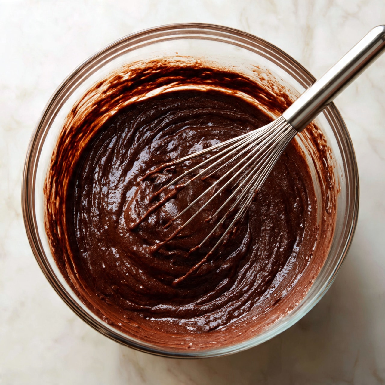 A clear glass mixing bowl filled with a thick, dark brown chocolate batter that has a glossy and slightly bumpy texture. A metal whisk is partially dipped into the batter on the right side of the bowl, with the wires coated in chocolate. The bowl sits on a white marbled textured surface. Photo taken with an iphone --ar 4:5 --v 7