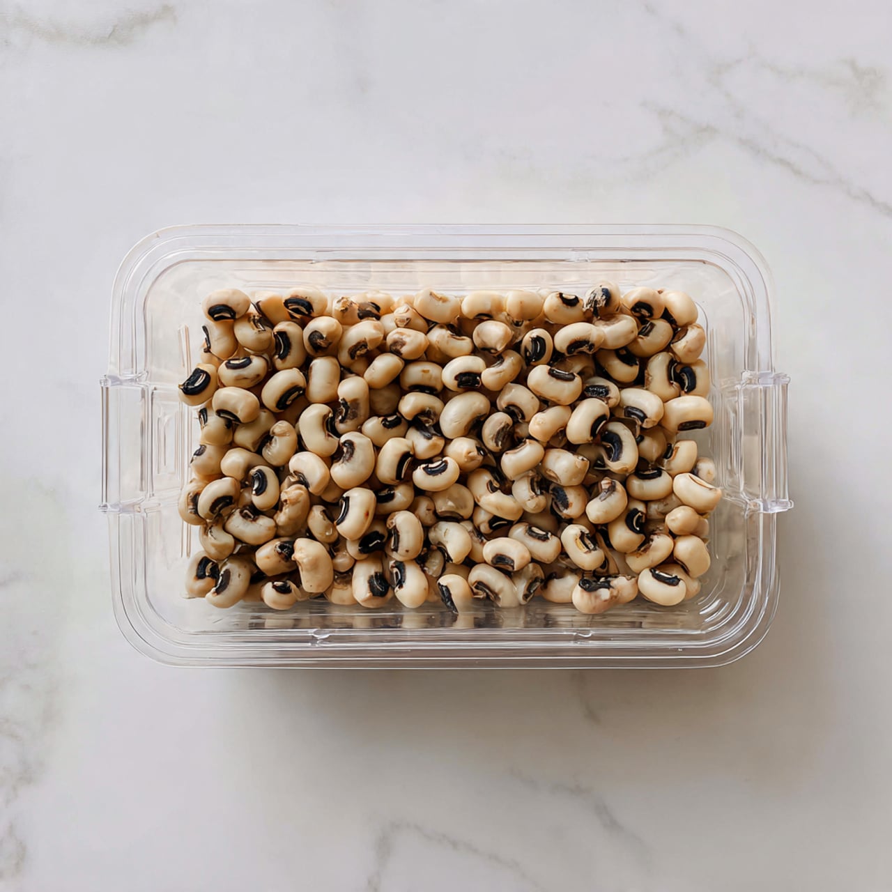 A clear rectangular plastic container filled with a single layer of beige black-eyed peas, each with a distinctive black eye spot. The container is placed on a white marbled surface, showing the beans closely packed together with a smooth, slightly shiny surface. The container's lid is closed, highlighting the beans inside through the transparent plastic. photo taken with an iphone --ar 4:5 --v 7