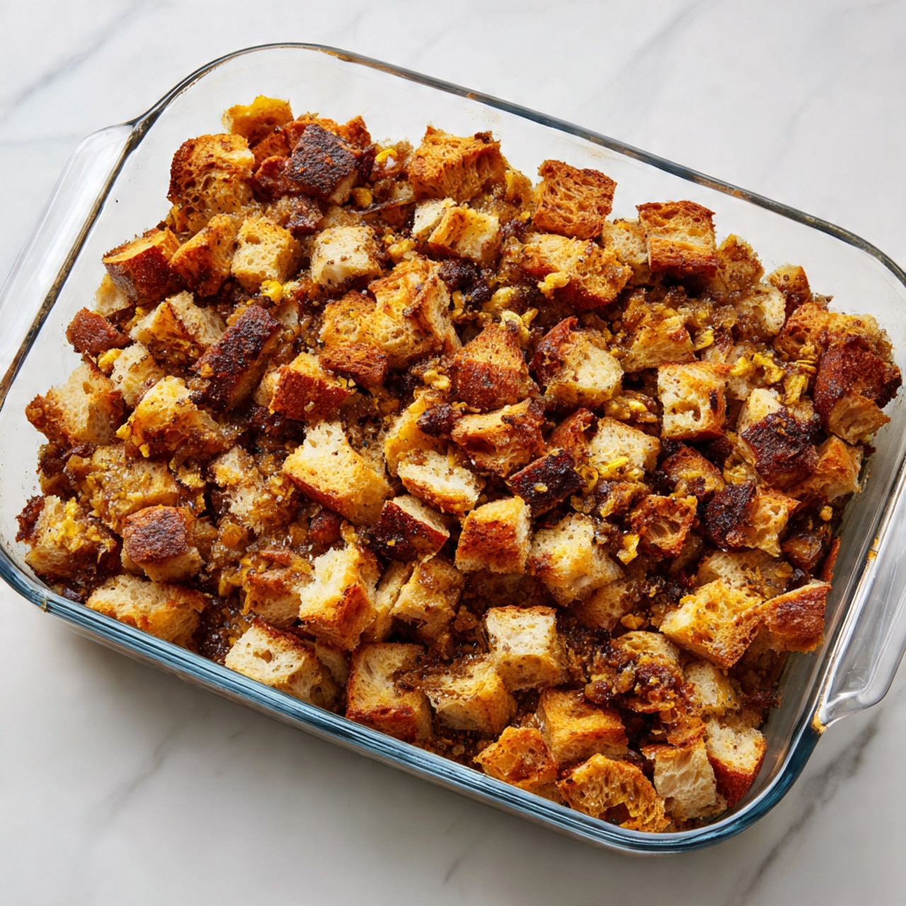 A clear glass rectangular baking dish filled with a bread pudding composed of many small, irregular, golden-brown bread cubes covered with a cinnamon-spiced mixture. The texture looks soft but with crisp, toasted edges. The dish is placed on a white marbled surface with a stovetop edge visible behind. The colors range from light golden to darker brown spots, showing a baked crust on top. Photo taken with an iphone --ar 4:5 --v 7