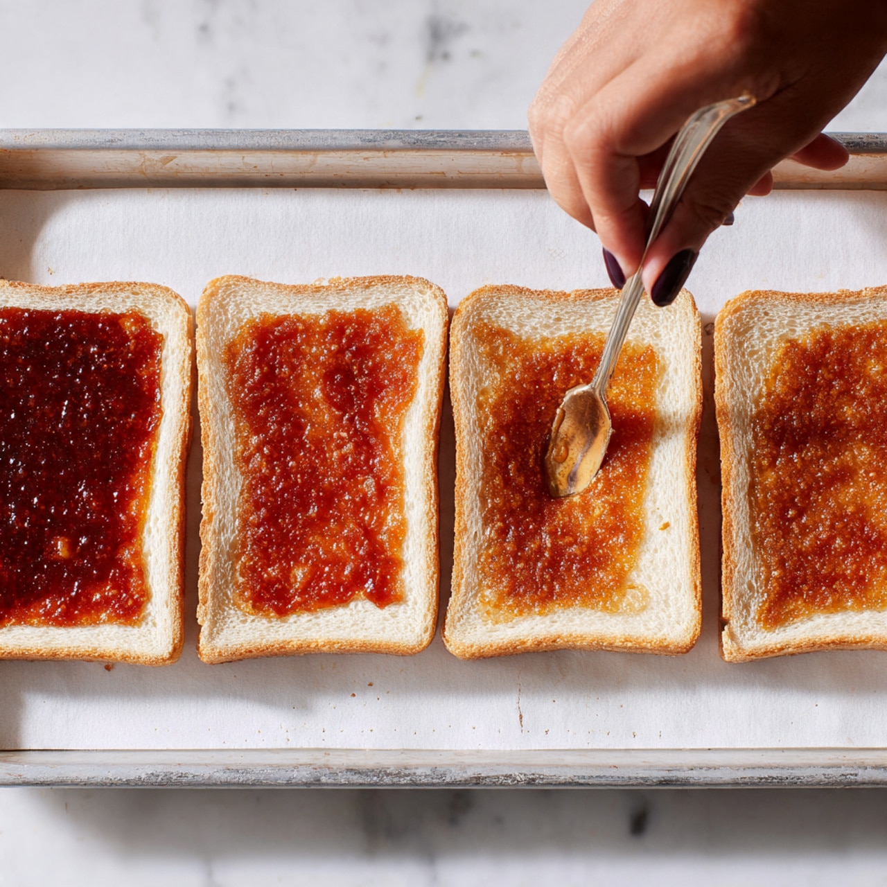 The image shows four slices of white bread laid side by side on a white metal tray with a white marbled surface underneath. Three of the slices have reddish-brown sauce spread on them with the sauce looking thick and textured, while the fourth slice is plain. A woman's hand with dark nail polish is holding a spoon, spreading sauce on the third slice from the left. The bread slices are arranged in a row from left to right, with the sauce spread unevenly and covering most of the surface of the slices that have it. Photo taken with an iphone --ar 4:5 --v 7