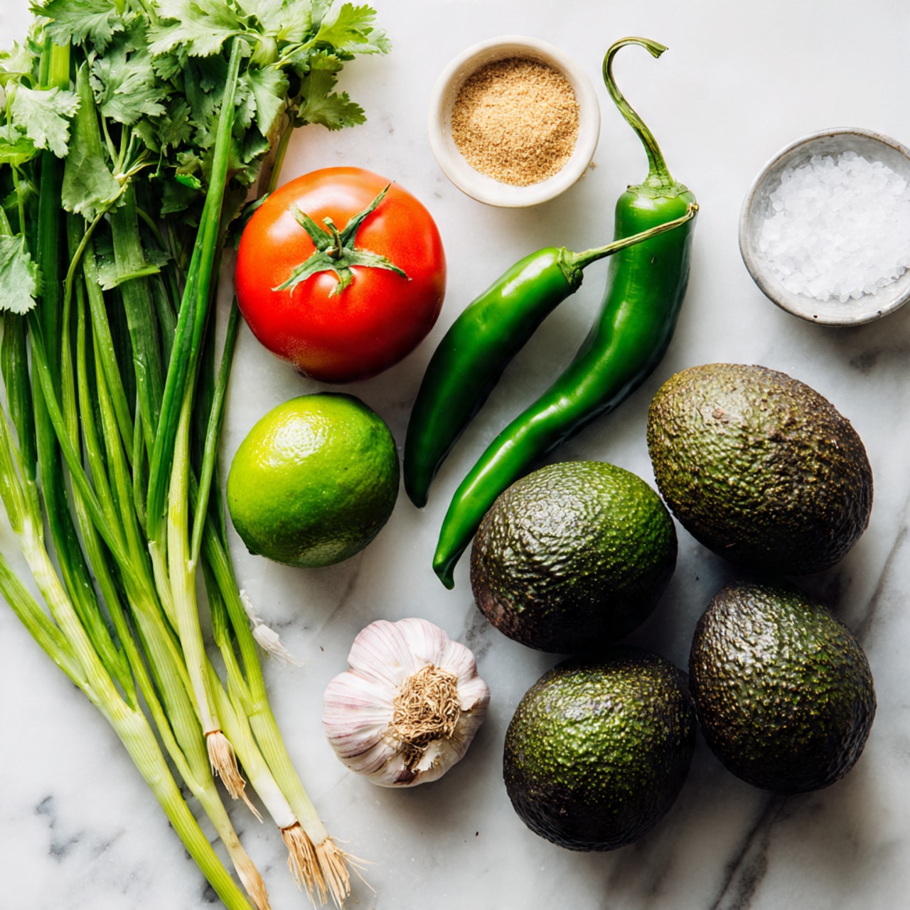 The image shows fresh ingredients laid out on a white marbled surface. There are three dark green avocados with a rough texture placed on the right side. Near them is a bright green lime and a shiny green chili pepper with a smooth skin. A red tomato with a green stem sits next to a bunch of fresh cilantro with bright green leaves. Three green onions with white bulbs and long green stalks are on the left side. A single garlic clove with a light purple hue is near a small, clear bowl that contains a light brown powder. Behind these ingredients is a small white bowl filled with white salt crystals. The light in the image highlights the natural colors and textures of the ingredients well. photo taken with an iphone --ar 4:5 --v 7