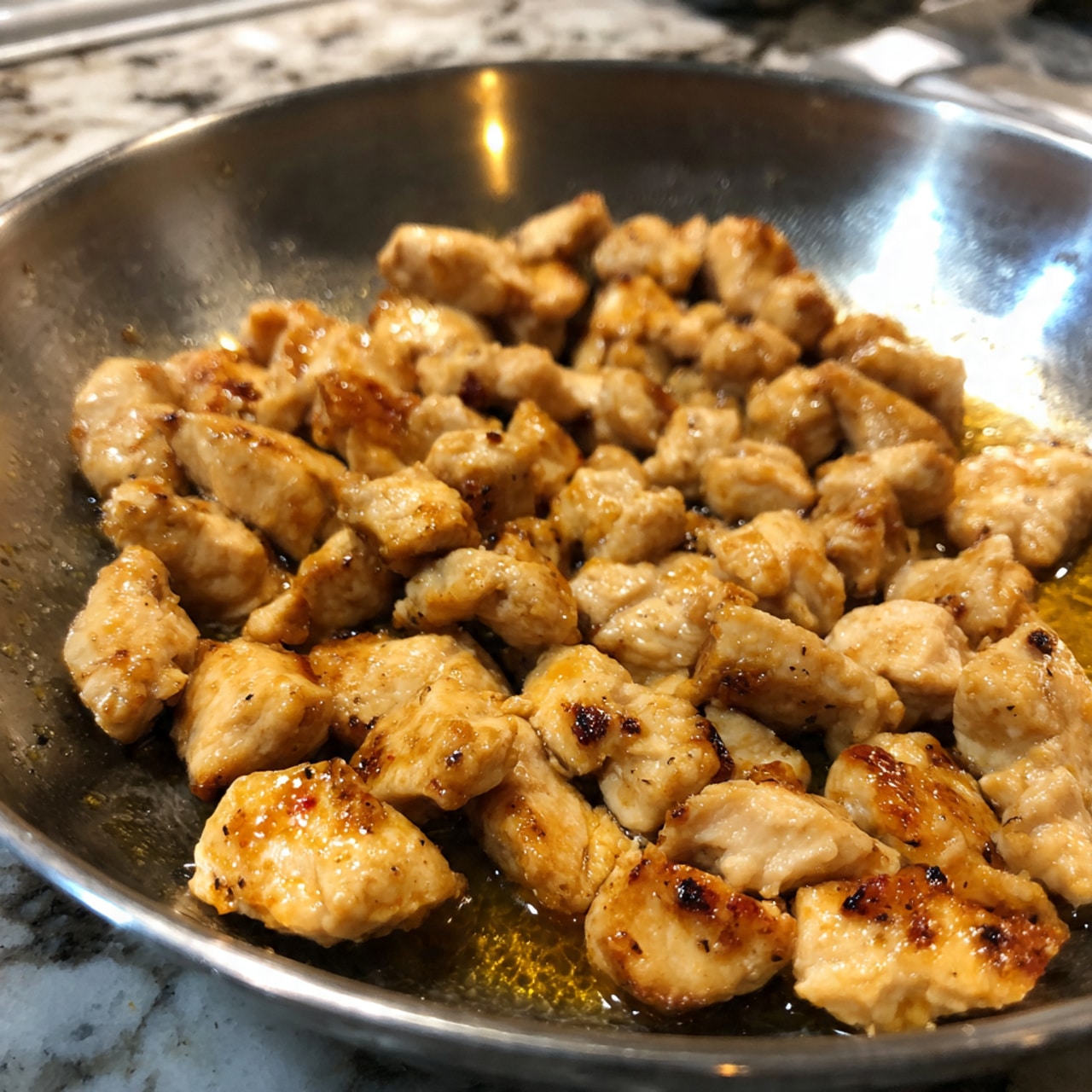 A close-up top view of a silver pan filled with small, golden-brown pieces of cooked chicken, showing a slightly crispy texture with some darker browned spots, all sitting in a small amount of cooking oil that glistens under light, placed on a white marbled surface photo taken with an iphone --ar 4:5 --v 7