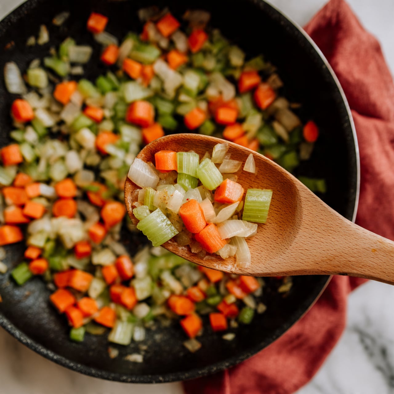 A close-up view shows a black pan with small pieces of cooked vegetables including orange carrot slices, green celery slices, and white to light brown onion pieces. A wooden spoon is scooping some vegetables from the pan, with the spoon positioned in the top right area, slightly angled down. The vegetables have a soft, cooked texture with some browning spots, giving a warm, fresh look. The pan rests on a white marbled surface, with part of a red cloth visible under the edge. Photo taken with an iphone --ar 4:5 --v 7