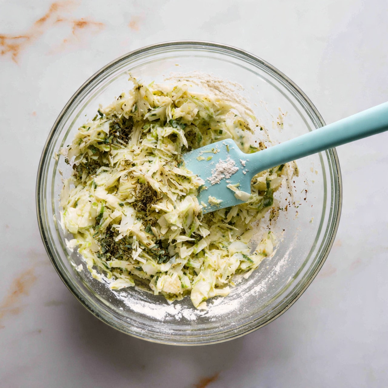 A clear glass bowl filled with a thick, lumpy mixture of shredded pale green and white pieces, mixed with small bits of dark green herbs, and some white powder on the side of the bowl's interior. Inside the bowl, a light blue spatula rests on the right side, partially covered with the same mixture. The bowl sits on a white marbled surface with subtle tan veins. photo taken with an iphone --ar 4:5 --v 7