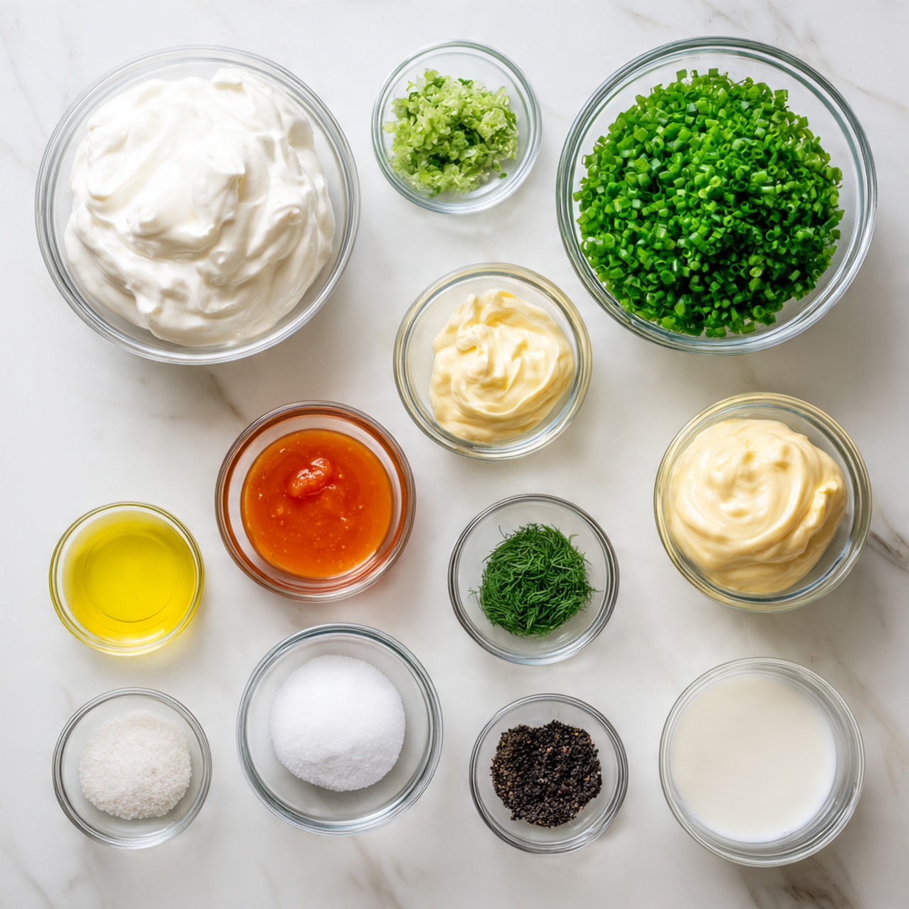 The image shows eleven small glass bowls placed on a white marbled surface, each containing different ingredients. The largest bowl on the left holds thick white sour cream, next to it on the right is a bowl filled with finely chopped bright green chives, and further right is a bowl with pale yellow mayonnaise. Below these, there are smaller bowls with various contents: pale yellow lemon juice, white salt, minced white garlic, bright orange hot sauce, dark green chopped dill, white sugar, black pepper, brown vinegar, and a bowl of white milk. All the bowls are arranged in a loose grid pattern with even spacing. photo taken with an iphone --ar 4:5 --v 7