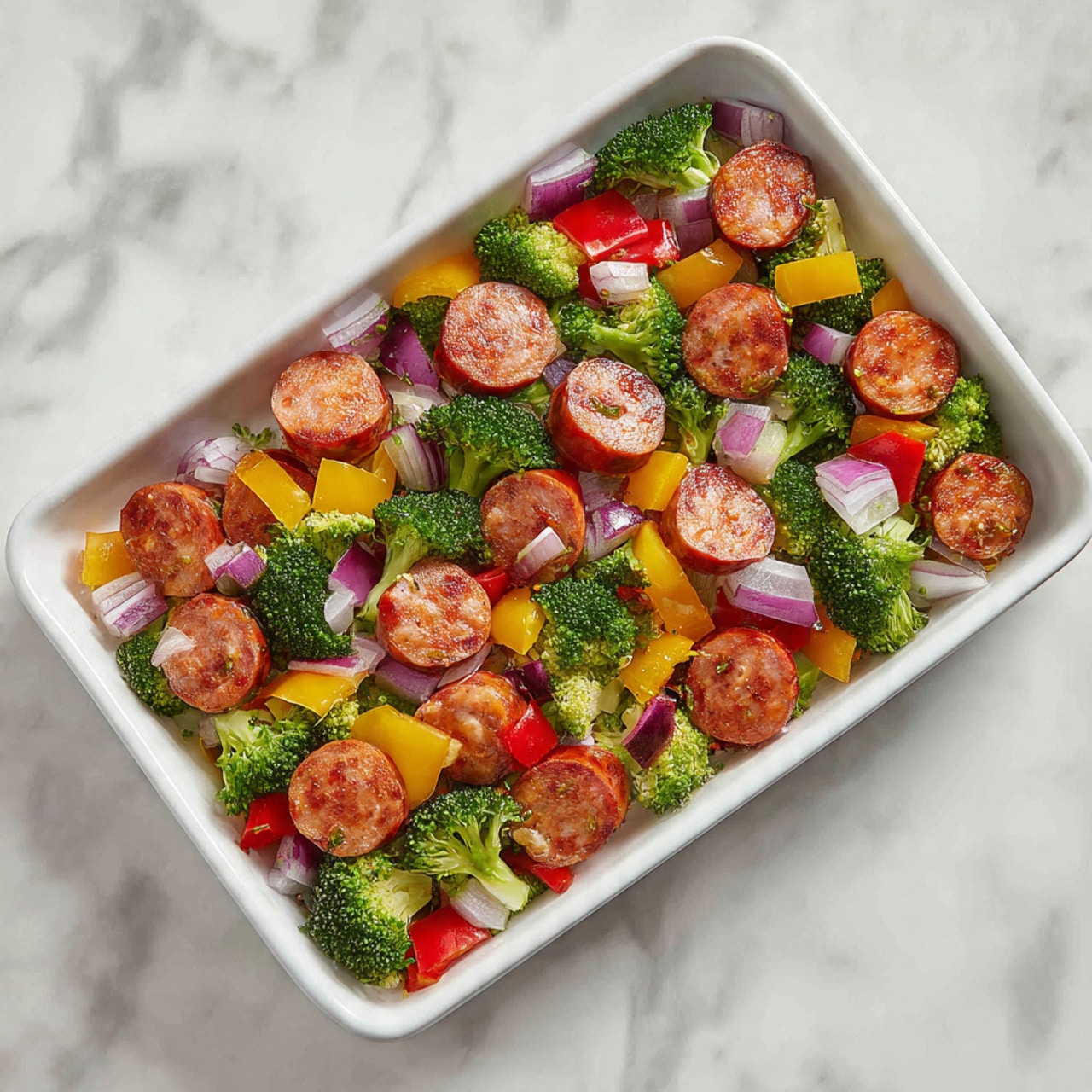 A white rectangular tray holds a single layer of chopped ingredients spread out evenly. The first layer consists of bright green broccoli florets scattered around, their texture soft and bumpy. Mixed in are bright yellow bell pepper pieces, cut into small rectangular chunks with smooth surfaces. There are also pieces of purple onion, roughly chopped into small wedges with visible white layers. Evenly spread among these veggies are thick, round slices of reddish-brown sausage with a smooth, dense texture. The tray rests on a white marbled surface. photo taken with an iphone --ar 4:5 --v 7