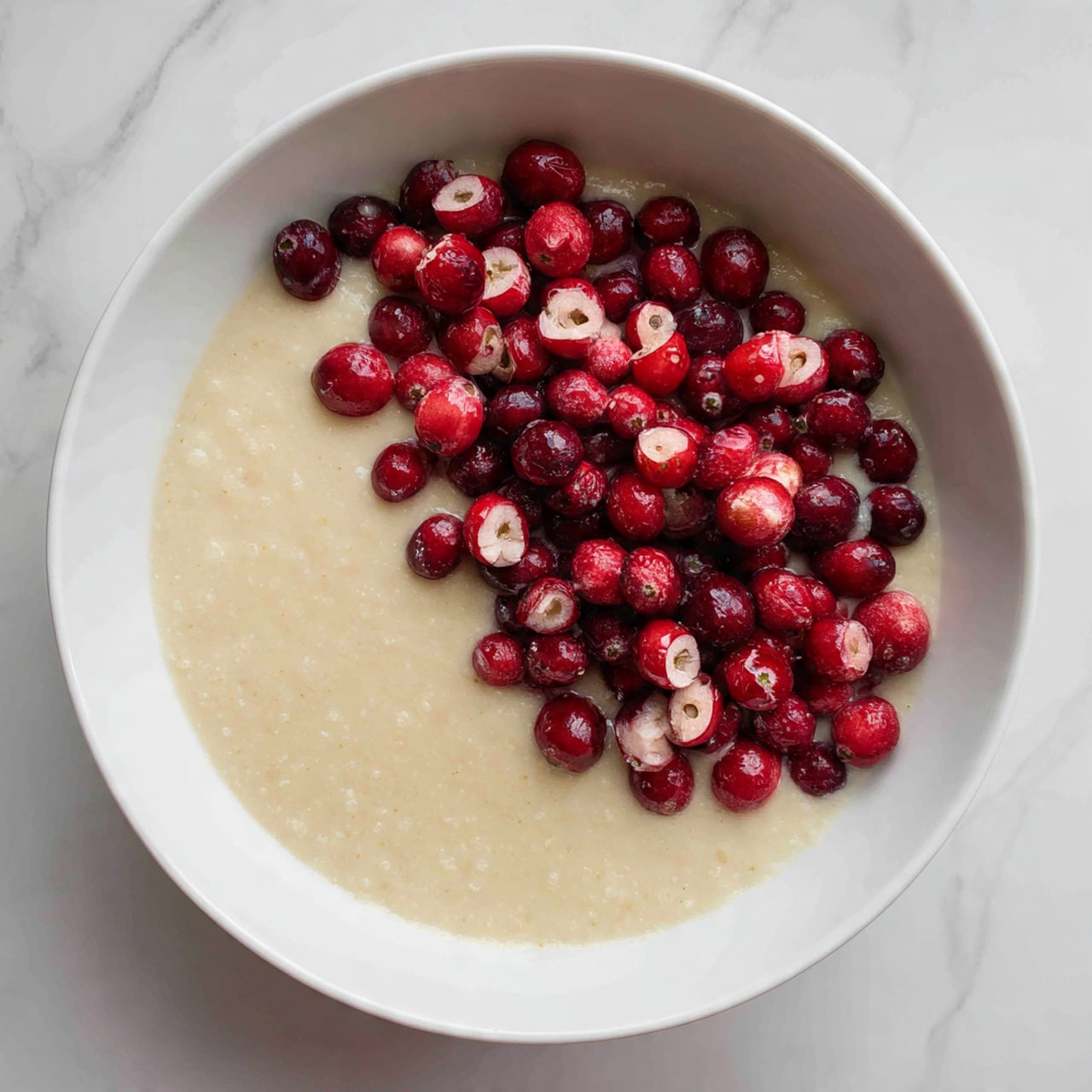 A white bowl sits on a white marbled surface, filled halfway with light beige batter that has a smooth, creamy texture. On top of the batter, on one side of the bowl, there is a heap of fresh red cranberries, many of which are cut in half, revealing their pale inner flesh and small seeds. The contrast between the creamy batter and the shiny, vibrant red cranberries creates a lively and fresh look. photo taken with an iphone --ar 4:5 --v 7
