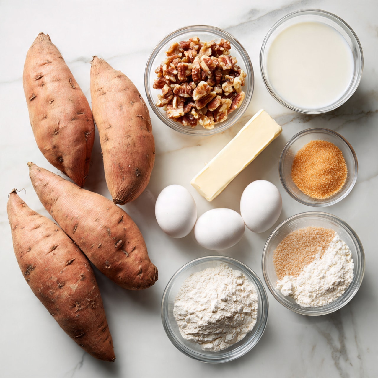 The image shows three raw sweet potatoes with rough, light brown skin placed on a white marbled surface to the left. To the right, several small clear glass bowls hold different ingredients: milk with a smooth white texture, chopped nuts with a mix of brown and cream colors, white flour with a powdered look, light brown sugar with a granulated texture, and a small amount of golden vanilla extract. There is a stick of butter in light yellow paper and two white eggs placed beside the bowls. All items are neatly arranged in rows on the white marbled background. Photo taken with an iphone --ar 4:5 --v 7
