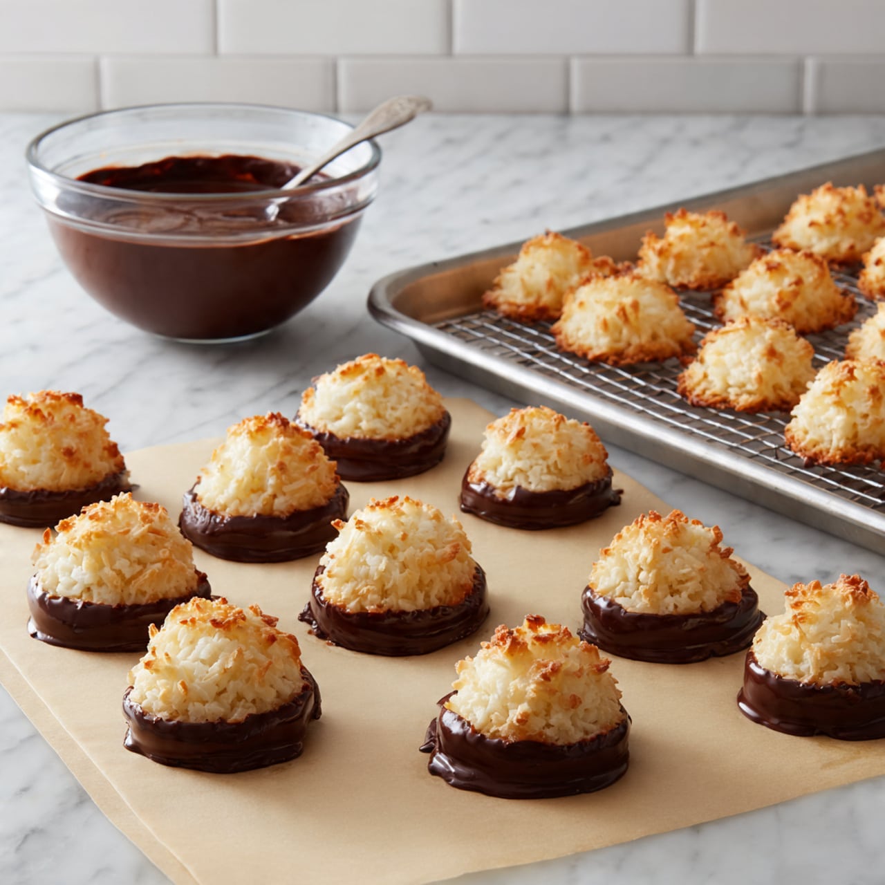 The image shows two sets of golden-brown coconut macaroons. On the left, there are nine macaroons arranged in three rows of three on parchment paper covering a baking tray; each macaroon's base is dipped in glossy dark chocolate, creating a thick chocolate layer beneath the rough, textured, golden tops. Next to them is a clear glass bowl filled with melted chocolate and a spoon resting inside. To the right, a cooling rack holds thirteen plain macaroons with a light, crispy surface and golden edges, spread out evenly. The scene is set on a white marbled countertop with white tile backsplash in the background. photo taken with an iphone --ar 4:5 --v 7