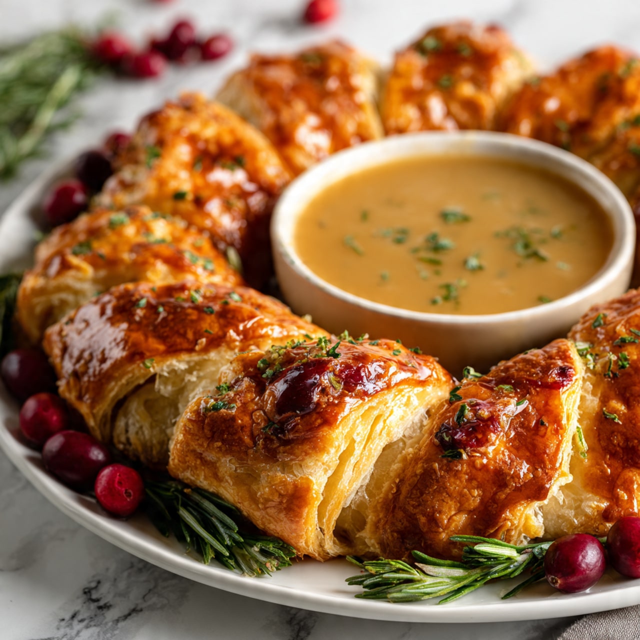 A golden brown crescent ring made of flaky dough wraps around a central brown bowl filled with light tan gravy topped with small green herb sprinkles, all placed on a white plate. The crescent pieces have visible layers, showing a creamy filling with bits of deep red cranberry inside. Fresh green rosemary sprigs and glossy red cranberries decorate the plate's edge. The background is a white marbled surface. photo taken with an iphone --ar 4:5 --v 7