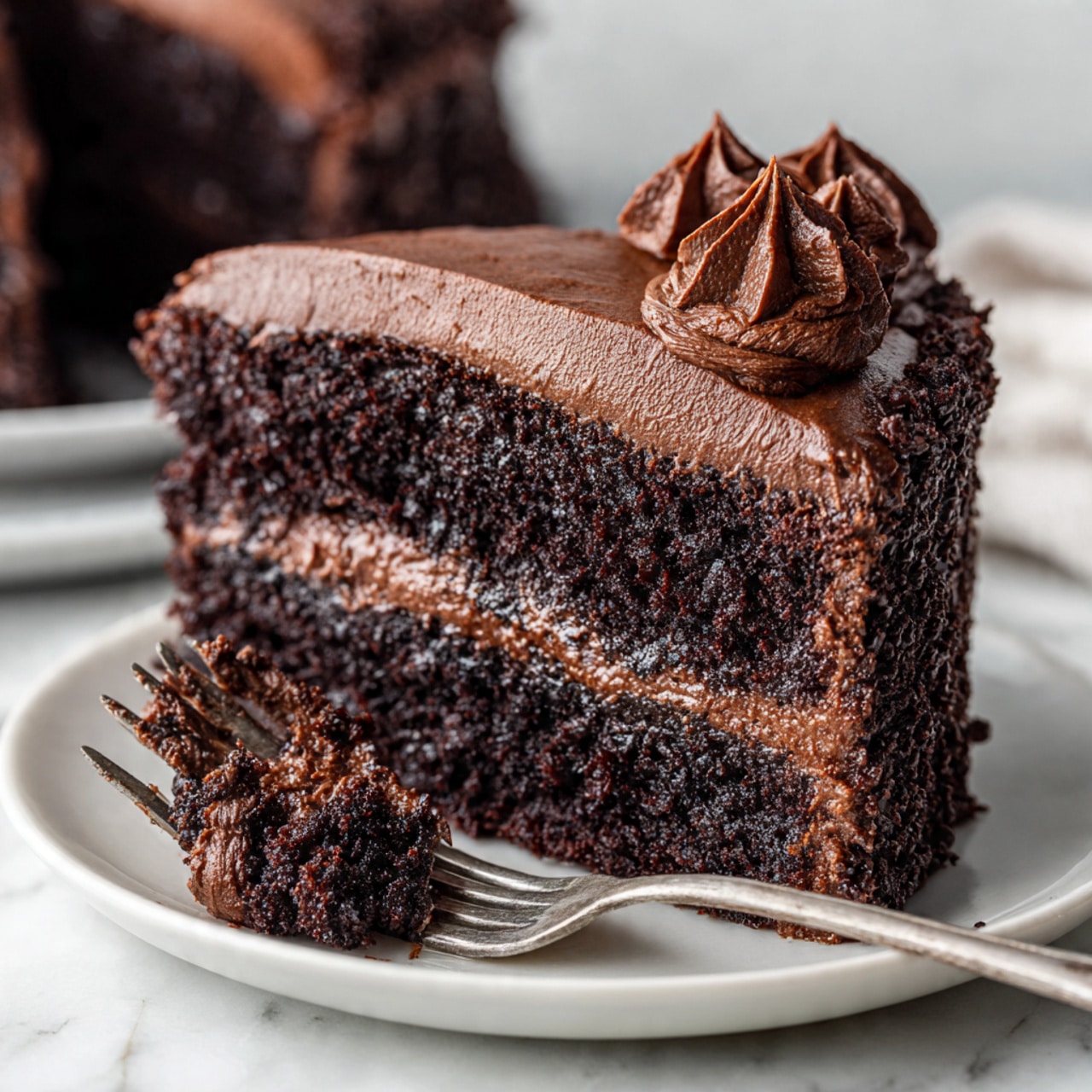 A round chocolate cake with two thick layers is covered in smooth, dark chocolate frosting. The sides of the cake are decorated with neat rows of big, glossy chocolate chips, forming a pattern of three rows around the cake. The top has more chocolate frosting with circular swirls, and a small pile of chocolate chips is placed in the center. The cake sits on a white, wavy-edged cake stand against a white marbled surface. Photo taken with an iphone --ar 4:5 --v 7