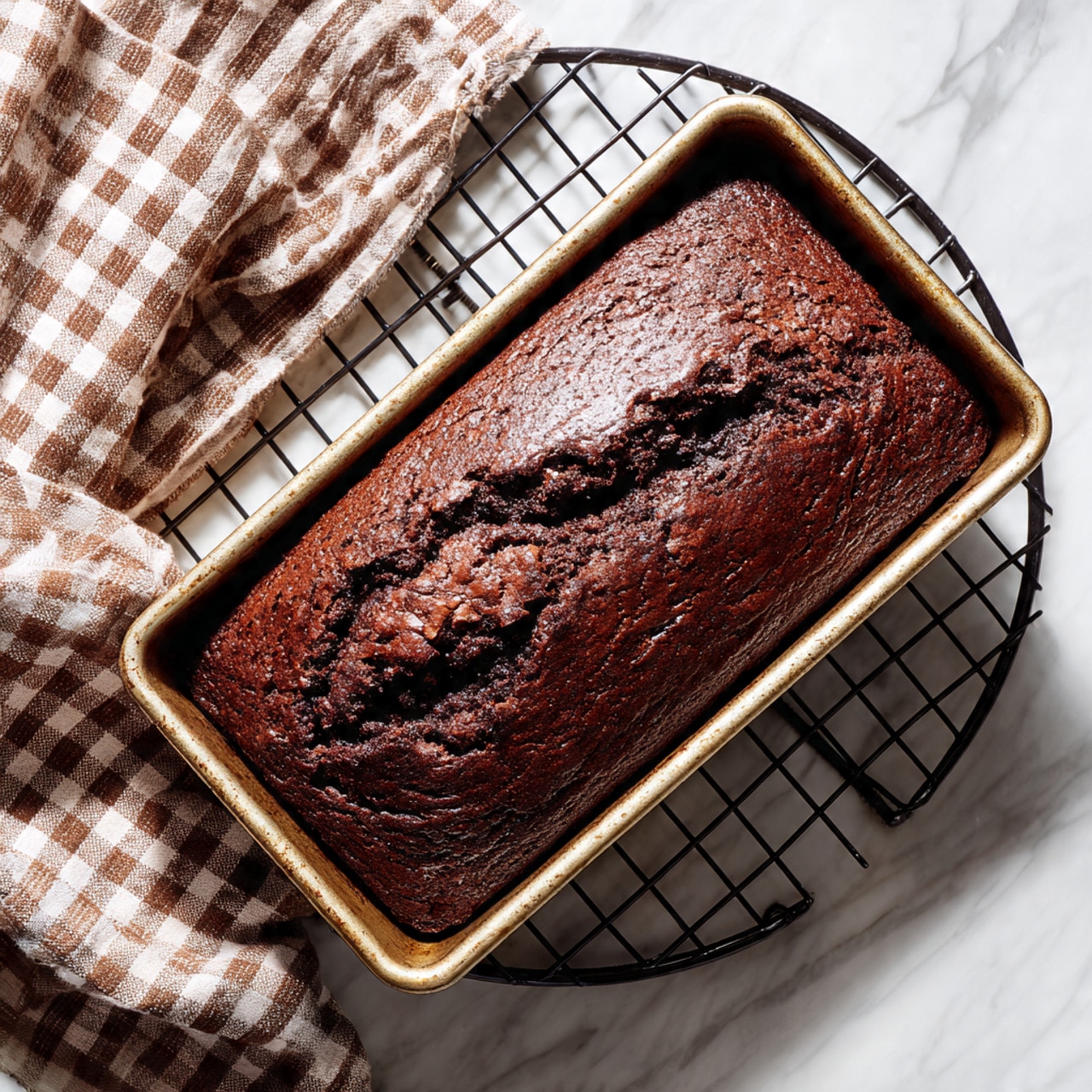 A freshly baked loaf of chocolate bread with a rich dark brown color and a cracked top, showing its homemade texture. It is inside a rectangular metal baking pan with a light, slightly worn gold finish, sitting on a black cooling rack. A brown and white checkered cloth is partially shown on the left side next to the pan, all placed on a white marbled surface. photo taken with an iphone --ar 4:5 --v 7