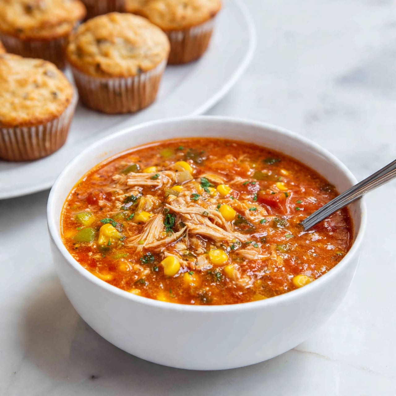 A white bowl filled with a thick, chunky tomato-based soup showing layers of orange-red broth mixed with pieces of light brown shredded chicken, green and yellow bell peppers, sweet corn kernels, and small bits of fresh green herbs on top. The bowl has a silver spoon inside, resting on the right side. Behind the bowl, there are golden brown muffins in white paper liners, placed on a white plate. The whole scene is set on a smooth white marbled surface. Photo taken with an iphone --ar 4:5 --v 7