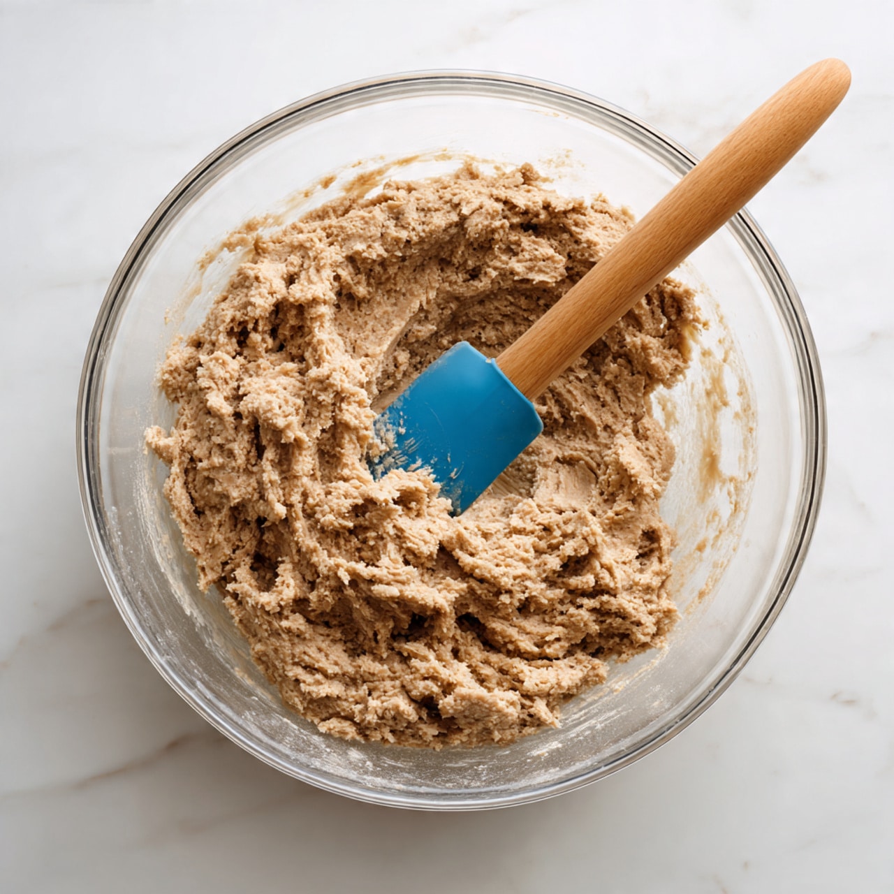 A large clear glass bowl sits on a white marbled surface, filled with thick, grainy brown dough that has a slightly crumbly texture. Inside the bowl, a blue silicone spatula with a wooden handle rests on top of the dough, partially covered by it. The dough piles up unevenly, creating rough, textured layers that vary in shade from light to dark brown, showing its dense and moist nature. photo taken with an iphone --ar 4:5 --v 7