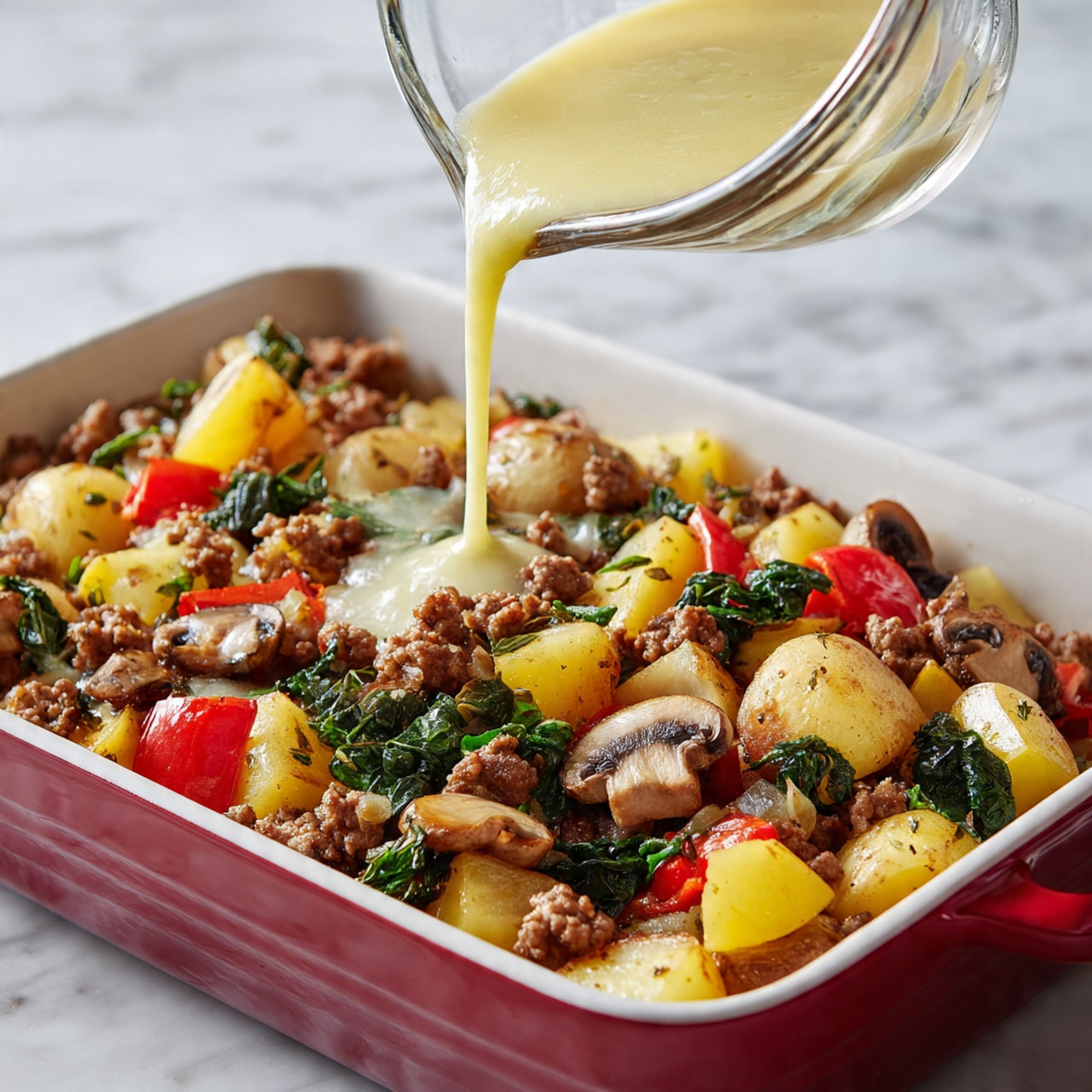 A red and white baking dish filled with a mix of cooked ground meat and diced colorful vegetables including yellow, red, and green pieces, along with some greens and mushrooms. A glass measuring cup held above the dish pours a light yellow, creamy mixture evenly over the meat and vegetables. The background shows a white marbled surface, and the photo captures the pouring action closely from the side. photo taken with an iphone --ar 4:5 --v 7