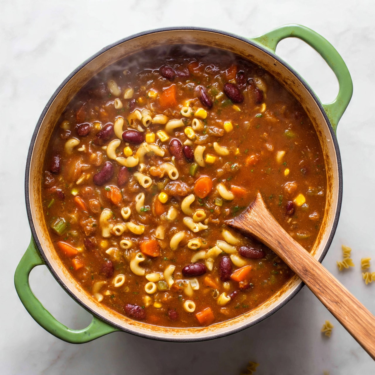 A close-up of a green pot filled with a thick stew made of kidney beans, pasta elbows, corn, and diced carrots in a rich brown sauce, with visible steam rising. A wooden spoon stirring the stew is partly submerged on the right side of the pot. The pot is placed on a white marbled surface with a few small pasta pieces scattered beside it. Photo taken with an iphone --ar 4:5 --v 7