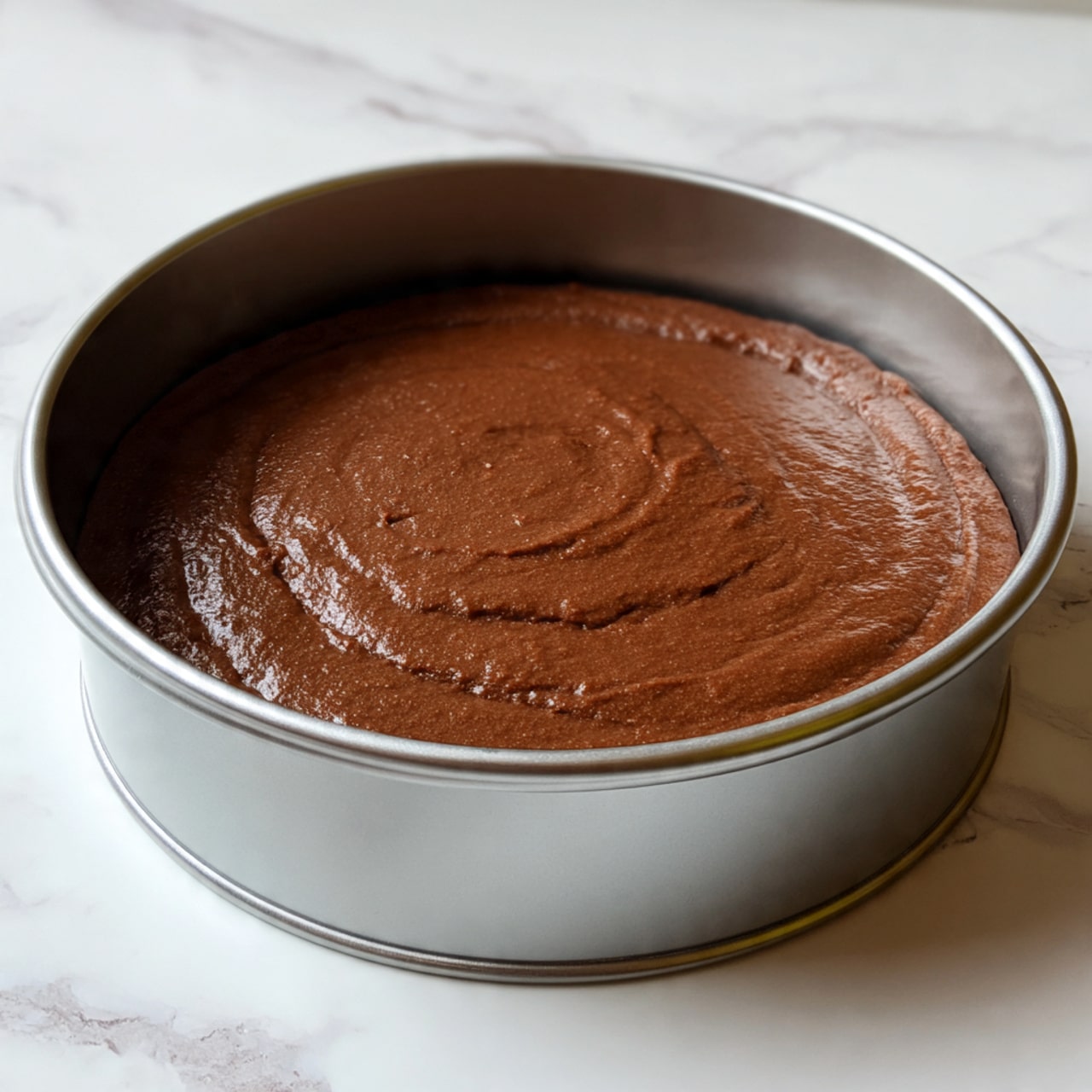 A round metal springform pan filled with smooth, dark brown chocolate cake batter that is evenly spread and slightly shiny on the surface. The pan is placed on a white marbled surface. The batter looks thick and creamy, filling most of the pan's depth. Photo taken with an iphone --ar 4:5 --v 7