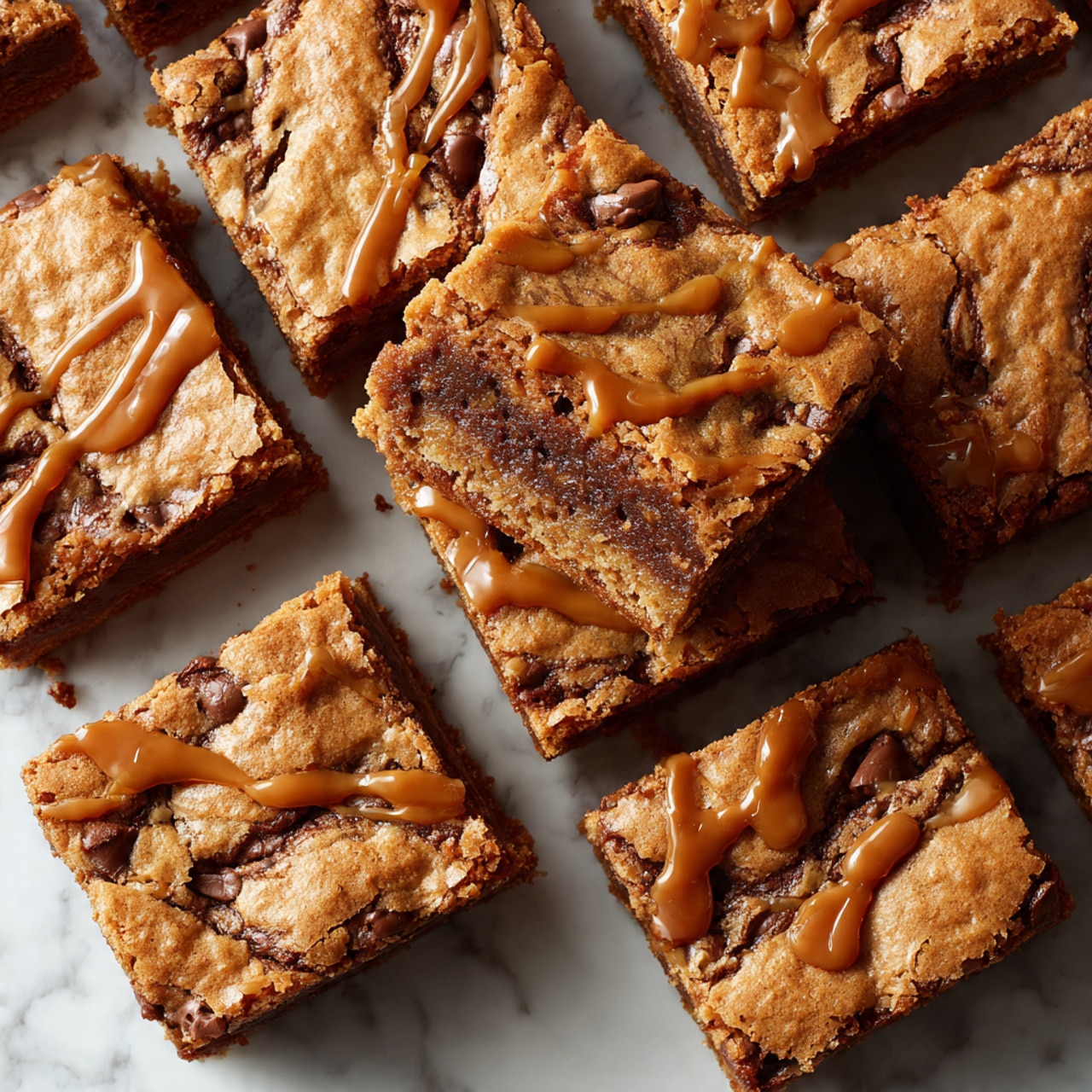A close-up image shows a stack of three thick, square blondie bars with a light golden brown color. Each blondie bar has visible dark chocolate chunks inside, scattered around in layers through the soft, dense texture. The top of the bars has a slightly shiny surface with small drips of caramel sauce. The background is a white marbled texture. photo taken with an iphone --ar 4:5 --v 7