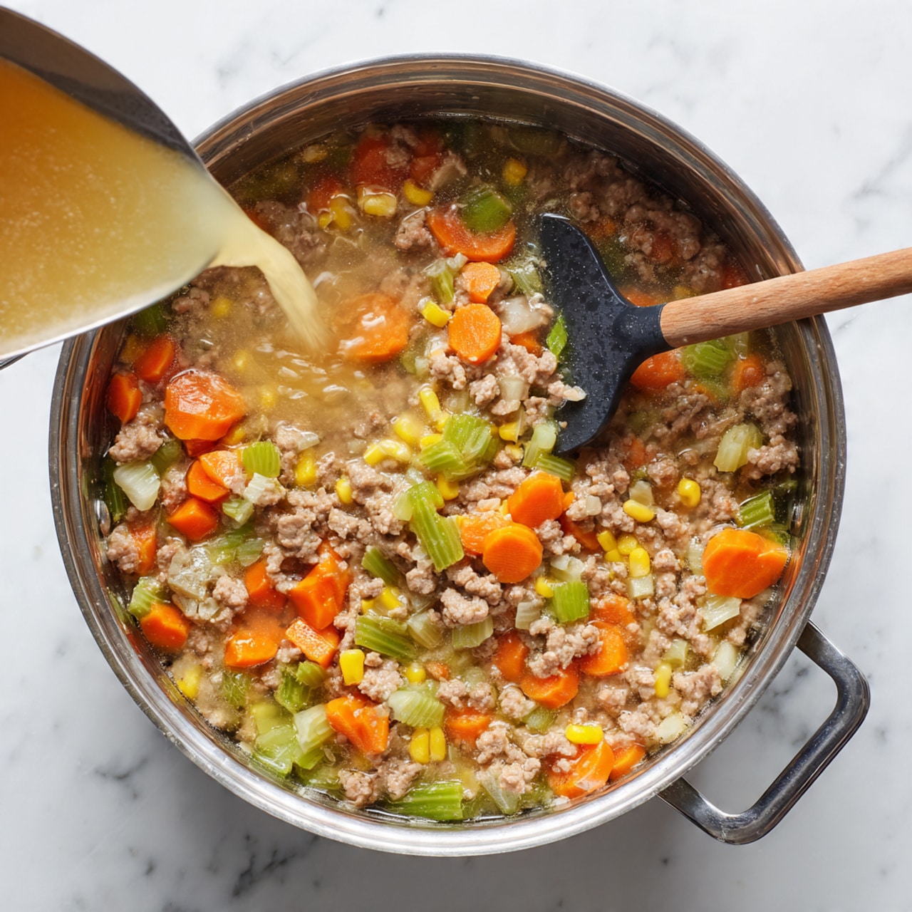 A silver pot filled with cooked ground meat mixed with bright orange carrot slices, green celery chunks, yellow corn, and small translucent onion pieces, with a light broth being poured in from the left side into the middle of the pot. A black spoon with a wooden handle is resting inside the pot on the right side, stirring the mixture. The pot is placed on a white marbled surface. photo taken with an iphone --ar 4:5 --v 7