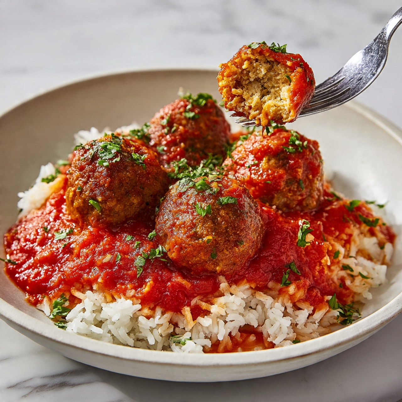A round white pot with two handles filled with a bright red tomato sauce covers several meatballs. The meatballs are medium-sized, textured with bits of rice or grains showing on the surface, and partially submerged in the sauce. The sauce has a smooth, thick consistency with some oil shining on top. The pot sits on a white marbled surface with soft natural light coming from above. photo taken with an iphone --ar 4:5 --v 7