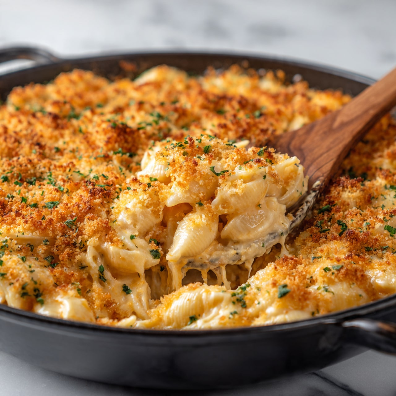 A close-up view of a white plate filled with several layers of golden brown baked stuffed pasta shells. The shells have a crunchy textured topping with a light coating of herbs, sprinkled with small bright green parsley leaves. The filling inside the shells is creamy and soft, visible in some opened shells. A silver fork is partially under some shells on the bottom right side of the plate, with a bite-sized piece resting on it. The plate is placed on a white marbled surface. photo taken with an iphone --ar 4:5 --v 7