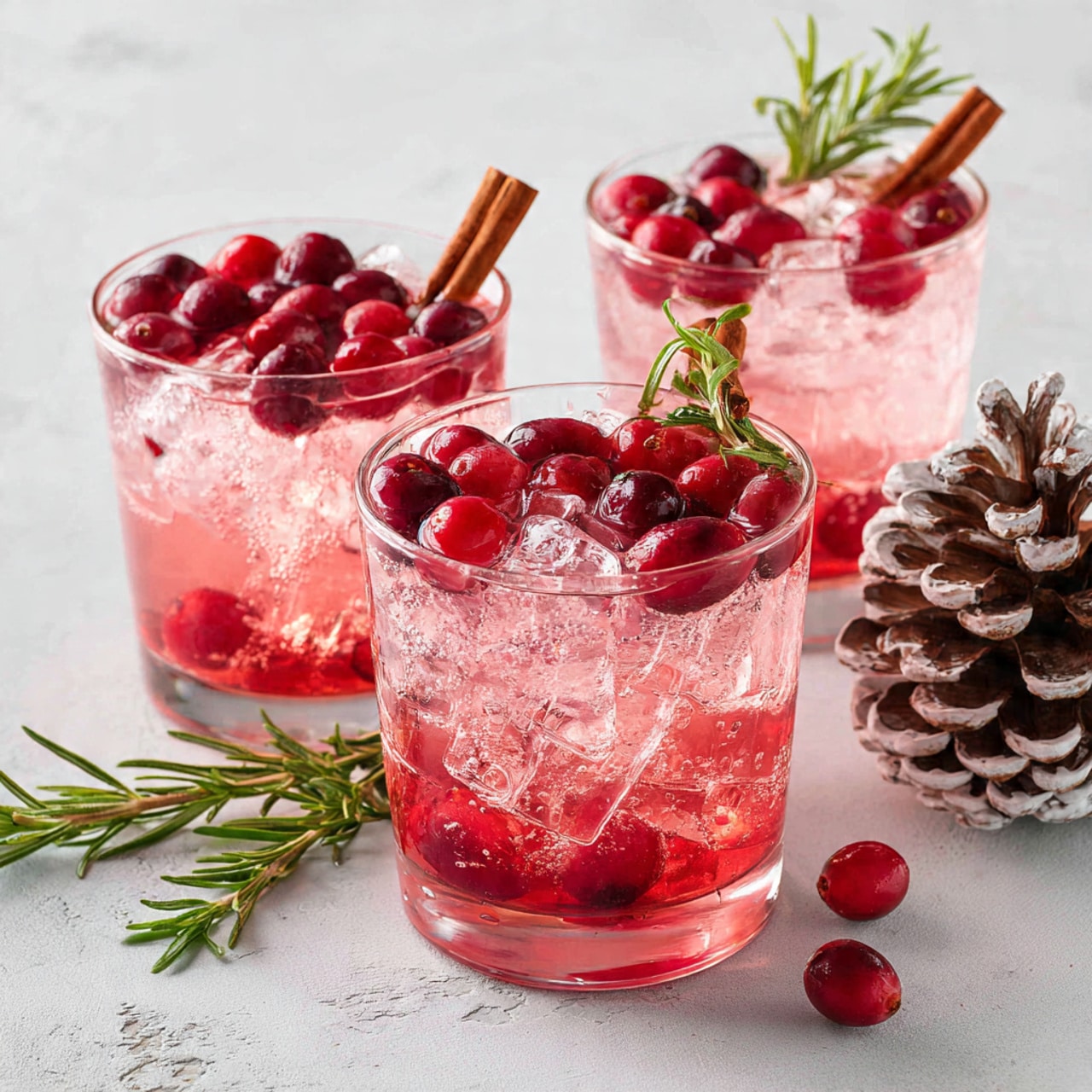 A round clear glass filled with pinkish-red liquid and several ice cubes is shown. On top of the ice, there are bright red whole cranberries scattered around. A small green sprig of rosemary sticks out from the top right side of the glass. The glass is placed on a white marbled surface, with another similar glass blurred in the background. The glass has a smooth texture with droplets of condensation on the outside, showing that the drink is cold. photo taken with an iphone --ar 4:5 --v 7