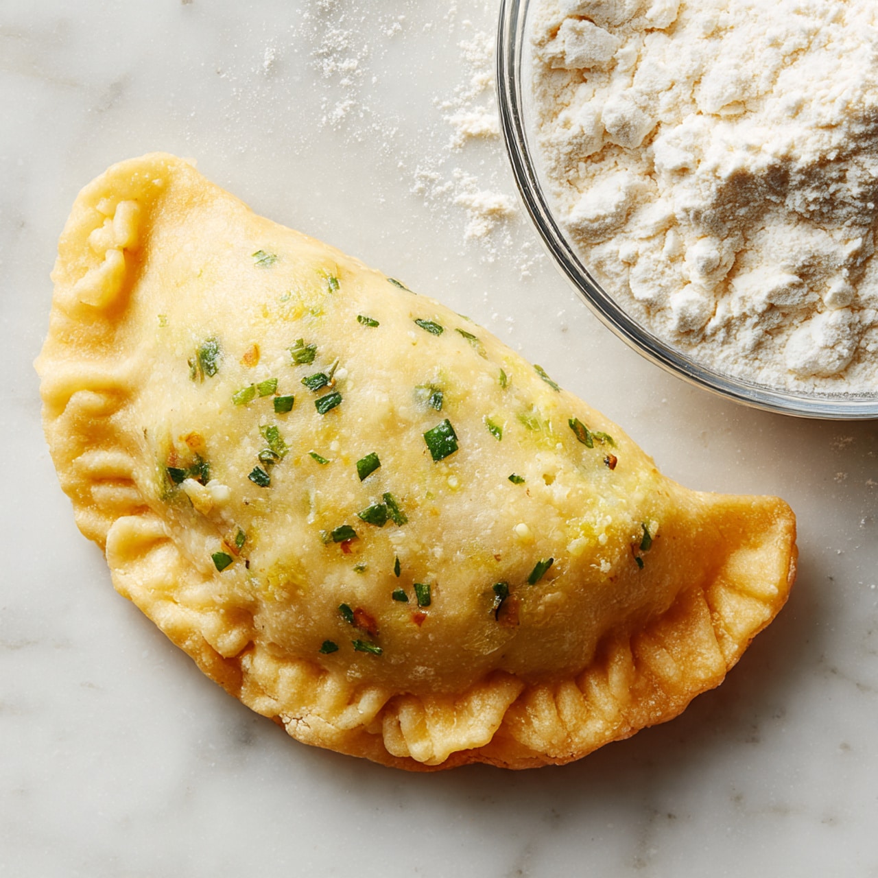 The image shows a single folded dough piece placed on a light beige surface with a soft texture. The dough is pale yellow with small green herb pieces visible inside. It is folded into a half-moon shape with a slightly pinched edge securing the filling inside. To the upper right, there is a clear glass bowl filled with white flour. The background is a white marbled texture. photo taken with an iphone --ar 4:5 --v 7