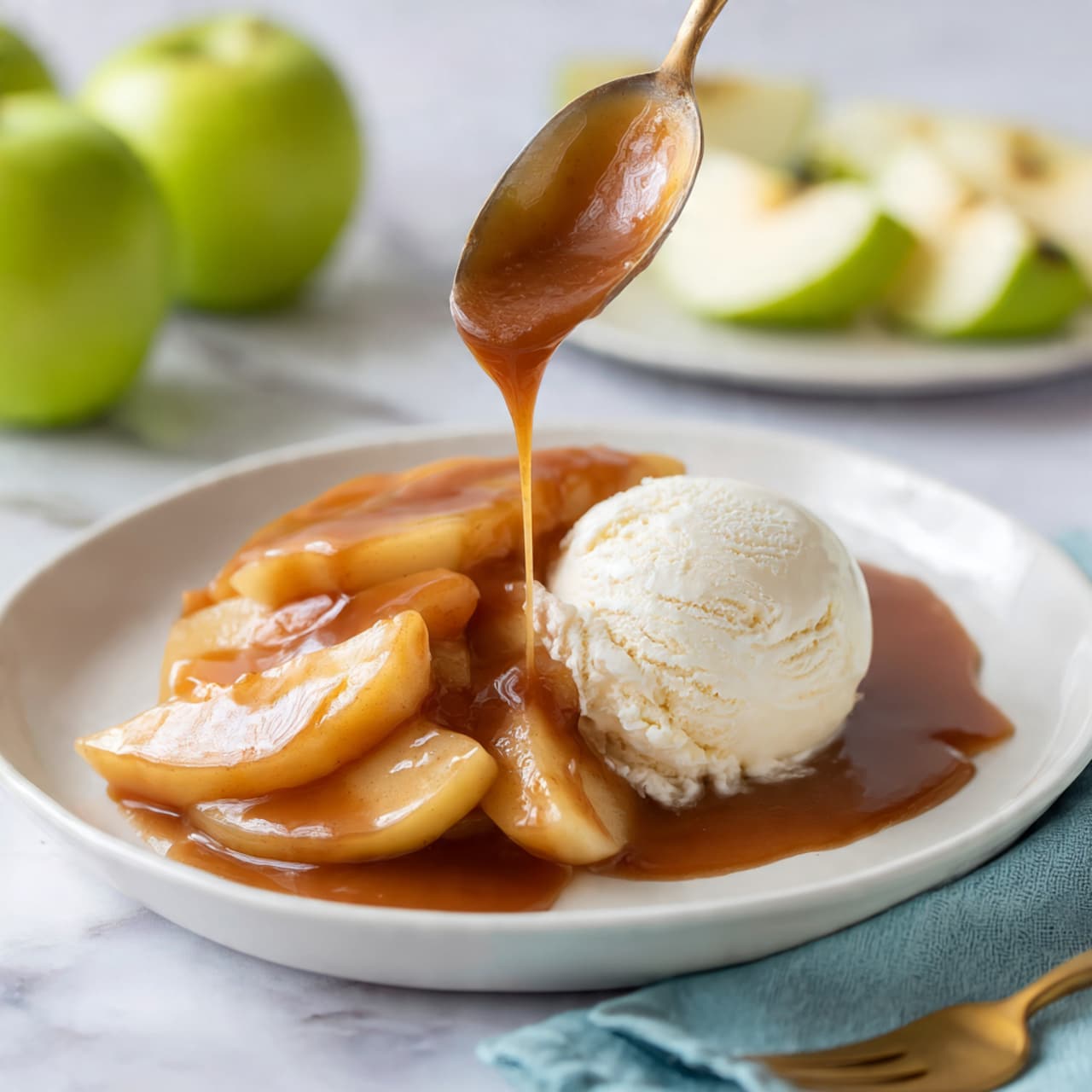 A white plate holds a stack of soft, light yellow cooked apple slices covered with a smooth, light brown cinnamon sauce that is being poured from a spoon above. Next to the apples is a single scoop of creamy white vanilla ice cream, slightly melting into the warm sauce. The plate rests on a white marbled textured surface, with a gold fork and soft blue napkin placed near the bottom right. In the background, out of focus, there are more apple slices on a white plate and a couple of fresh green and yellow apple wedges. Photo taken with an iphone --ar 4:5 --v 7