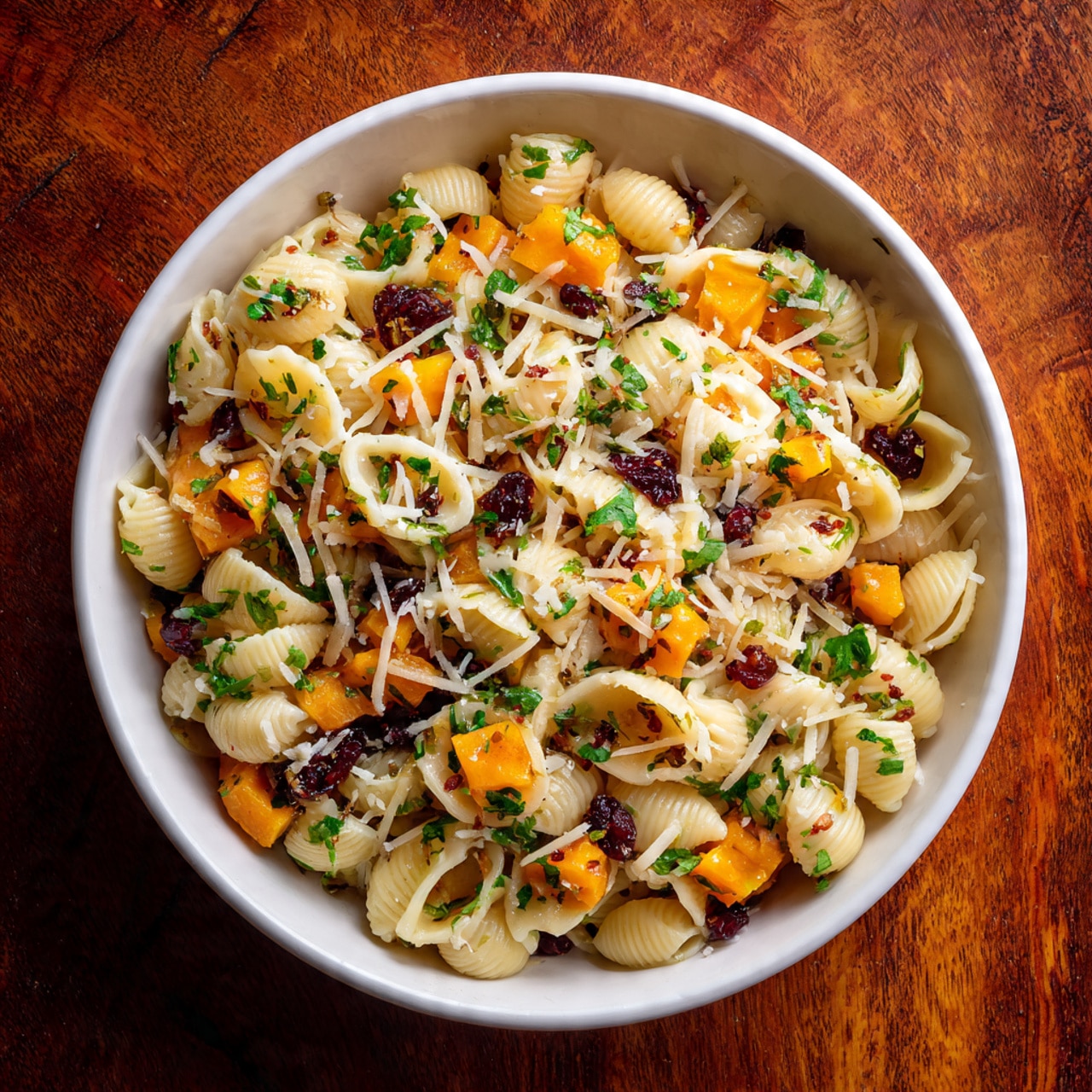 A white bowl filled with a colorful pasta salad layered with small shell pasta that is off-white, chunks of bright orange squash, scattered dark red dried cranberries, and small green parsley leaves mixed throughout, all topped with a light sprinkling of shredded pale yellow cheese. The bowl sits on a warm brown wooden round surface with a white marbled texture background photo taken with an iphone --ar 4:5 --v 7
