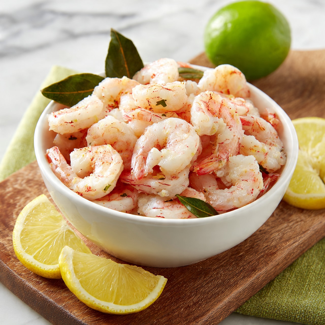 A white bowl filled with many pieces of cooked shrimp that are pink and white with red lines. There are a few dark green bay leaves mixed in with the shrimp. The bowl sits on a wooden board with a green cloth beside it. Two lemon wedges with bright yellow skin and juicy interiors lie on the green cloth near the bowl. A whole green lime is on the wooden board behind the bowl. The background is a white marbled surface. photo taken with an iphone --ar 4:5 --v 7
