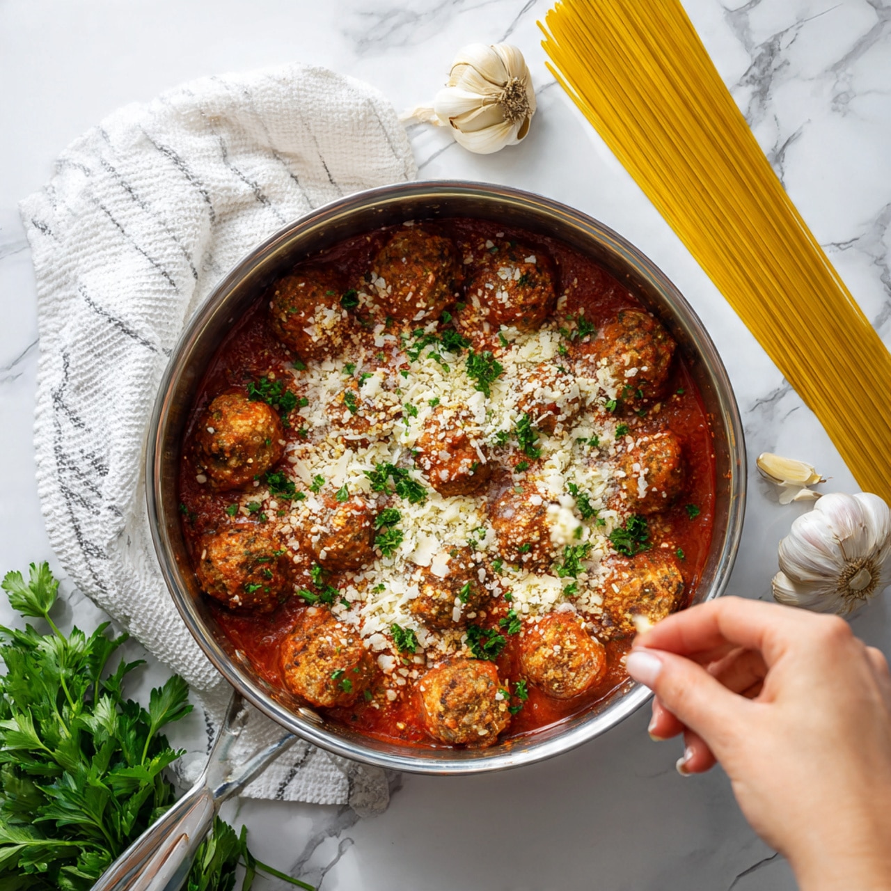 A top view of a round stainless steel pot filled with about seven medium and small sized brown meatballs covered and soaked in rich red tomato sauce. On top of the meatballs, there is a scatter of white grated cheese and small pieces of bright green parsley. A woman's hand is in motion, sprinkling more cheese over the food. The pot lies on a white marbled surface with a white and gray striped cloth near its handle. On the edge of the white marbled area, there is a bunch of uncooked yellow spaghetti on the top right and fresh green parsley stems on the bottom right. A few cloves of garlic can be seen at the right edge. photo taken with an iphone --ar 4:5 --v 7
