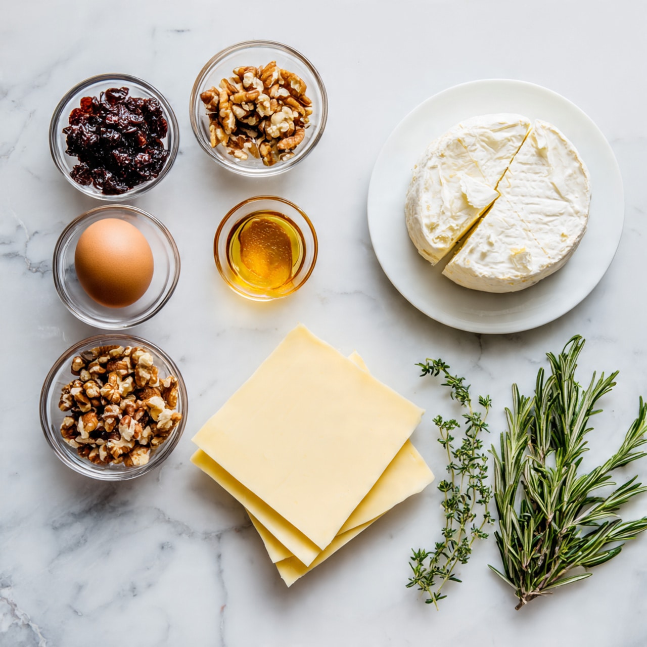 The image shows ingredients neatly arranged on a white marbled surface, including two square sheets of pale yellow dough layered one on top of the other at the bottom center. Above the dough are small glass bowls holding finely chopped dark dried fruit, a brown egg, chopped nuts with a mixed light and medium brown color, and a small amount of golden honey. To the right side, a round wheel of white soft cheese sits on a white plate with some light brown edges, and next to it are three sprigs of fresh green rosemary. The scene is well lit and clean, with each item clearly visible and separated. Photo taken with an iphone --ar 4:5 --v 7