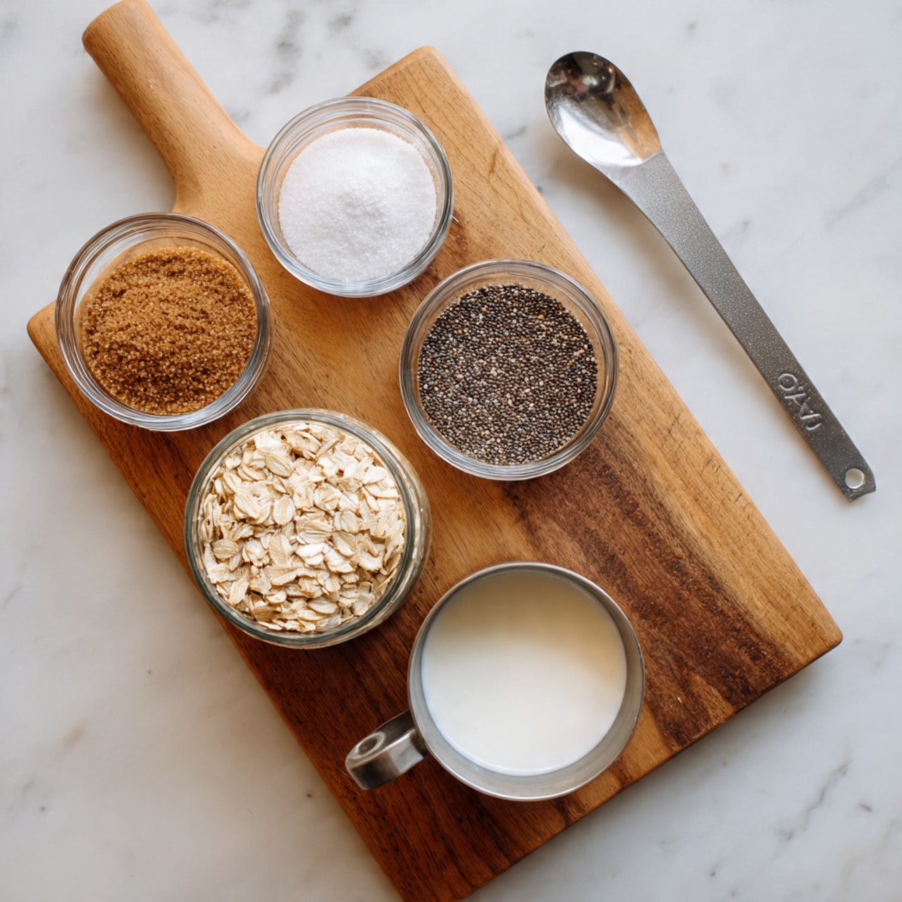 The image shows a wooden cutting board on a white marbled surface with five clear glass containers holding different ingredients neatly arranged. There is one small bowl with light brown sugar, another with dark chia seeds, a third with a mix of white salt and brown cinnamon powder. Below these, a short glass jar holds light beige rolled oats, and next to it is a metal measuring cup filled with white milk. The clean, simple setting highlights the natural colors and textures of the ingredients. Photo taken with an iphone --ar 4:5 --v 7