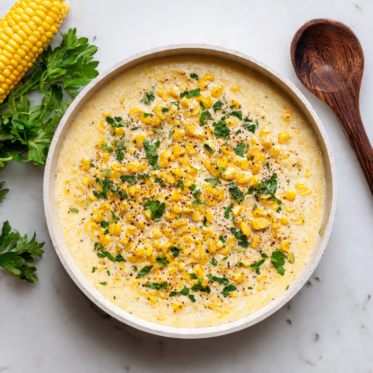A white pan filled with creamy corn that shows two layers: a thick, pale yellow cream sauce at the bottom and soft, golden yellow corn kernels evenly spread on top. The corn layer is sprinkled with small, fresh green parsley bits and a light dusting of black pepper, creating specks of color across the surface. The pan sits on a white marbled surface, next to a wooden spoon with a smooth dark handle and bright green parsley leaves. A yellow corn cob is partly visible in the top left corner photo taken with an iphone --ar 4:5 --v 7