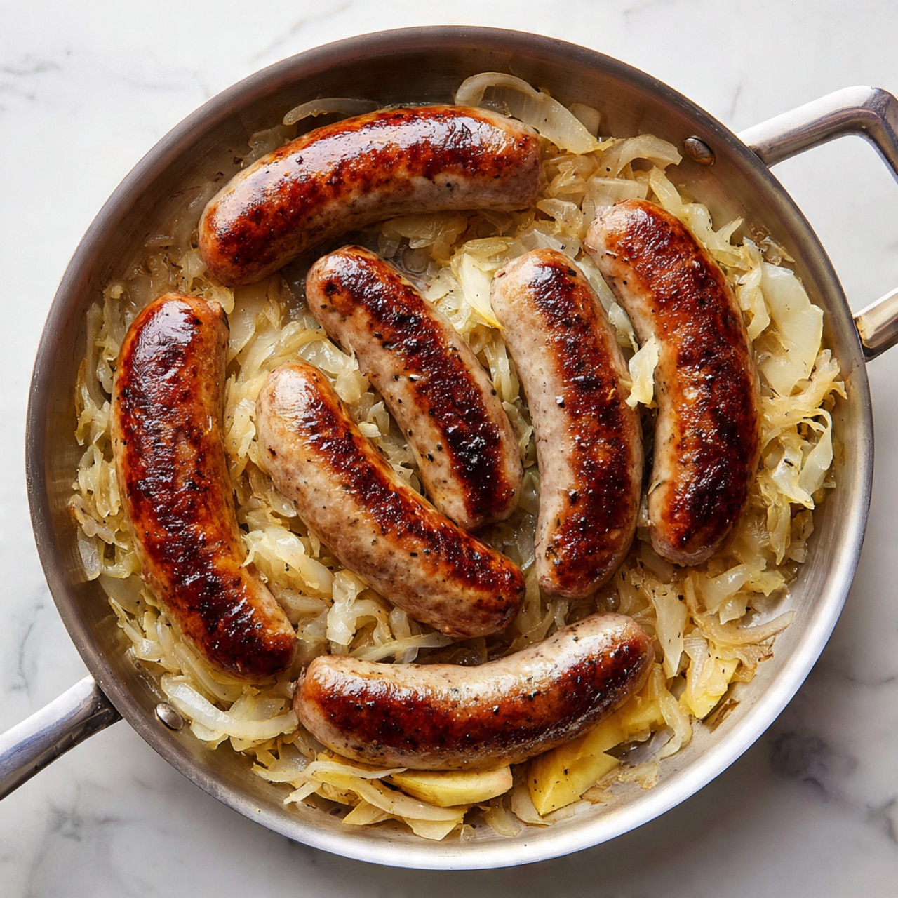 A stainless steel pan holds five browned sausages arranged in a slightly curved pattern on top of a layer of pale, soft sauerkraut mixed with sliced onions and pieces of sliced yellow apples, all soaked in light cooking juices. The sausages have a shiny, browned crust on the outside with some sausages cut open to show the inside meat, creating a contrast of dark and light browns. The background shows a white marbled surface. Photo taken with an iphone --ar 4:5 --v 7