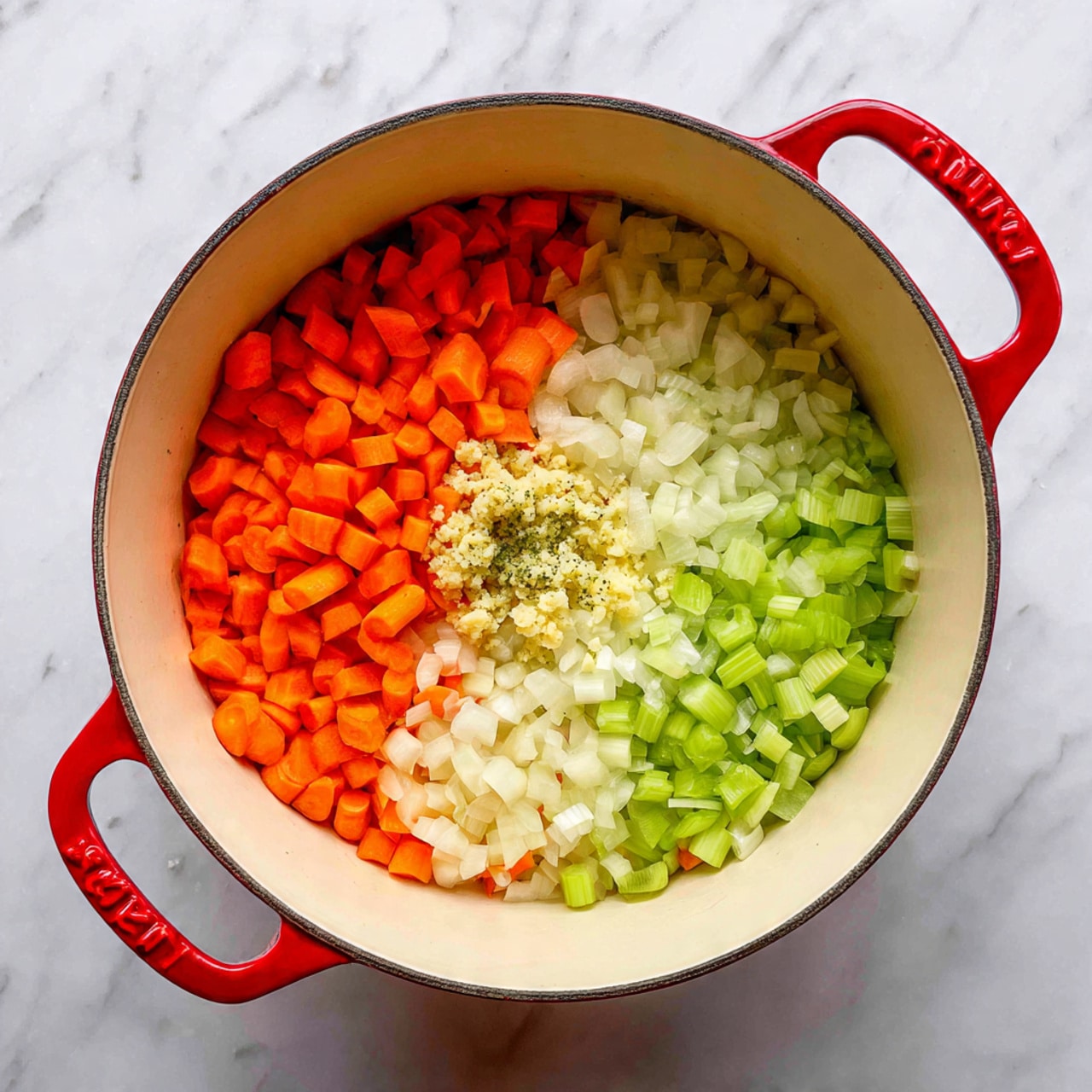 A white pot with red handles sits on a white marbled surface, filled with four layers of chopped vegetables neatly arranged but not mixed. One layer is light orange chopped carrots, another is small light green celery pieces, a third layer is white chopped onions, and in the center, on top, is a small heap of minced garlic with a pale yellow color. The colors stand out clearly against the pale interior of the pot photo taken with an iphone --ar 4:5 --v 7