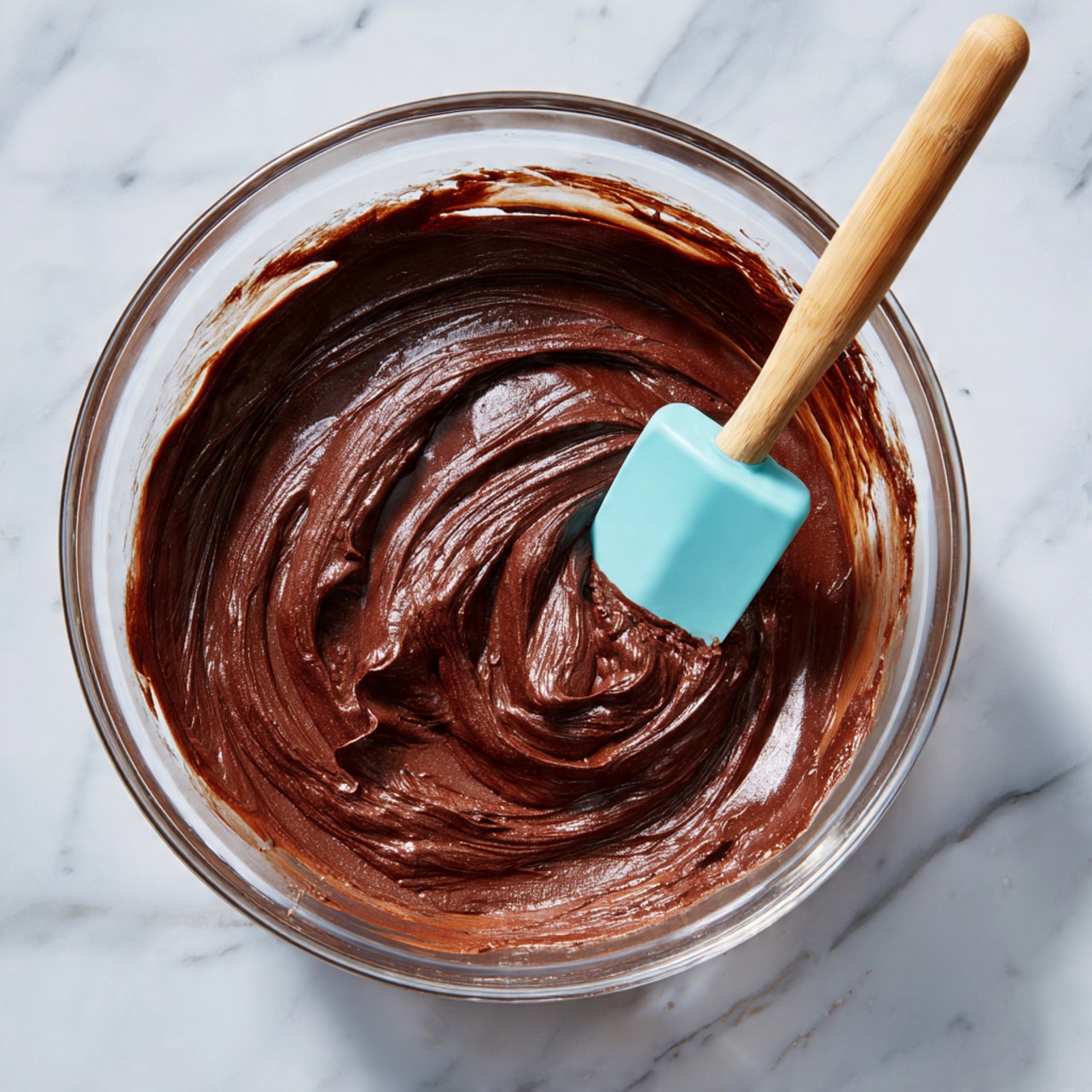 Inside a clear glass mixing bowl, there is thick, smooth dark brown chocolate batter with a rich and slightly shiny texture. The batter is spread around the sides and has some soft peaks and swirls. A pale blue silicone spatula with a wooden handle is partially dipped into the batter on the right side of the bowl. The whole setup sits on a white marbled surface. photo taken with an iphone --ar 4:5 --v 7