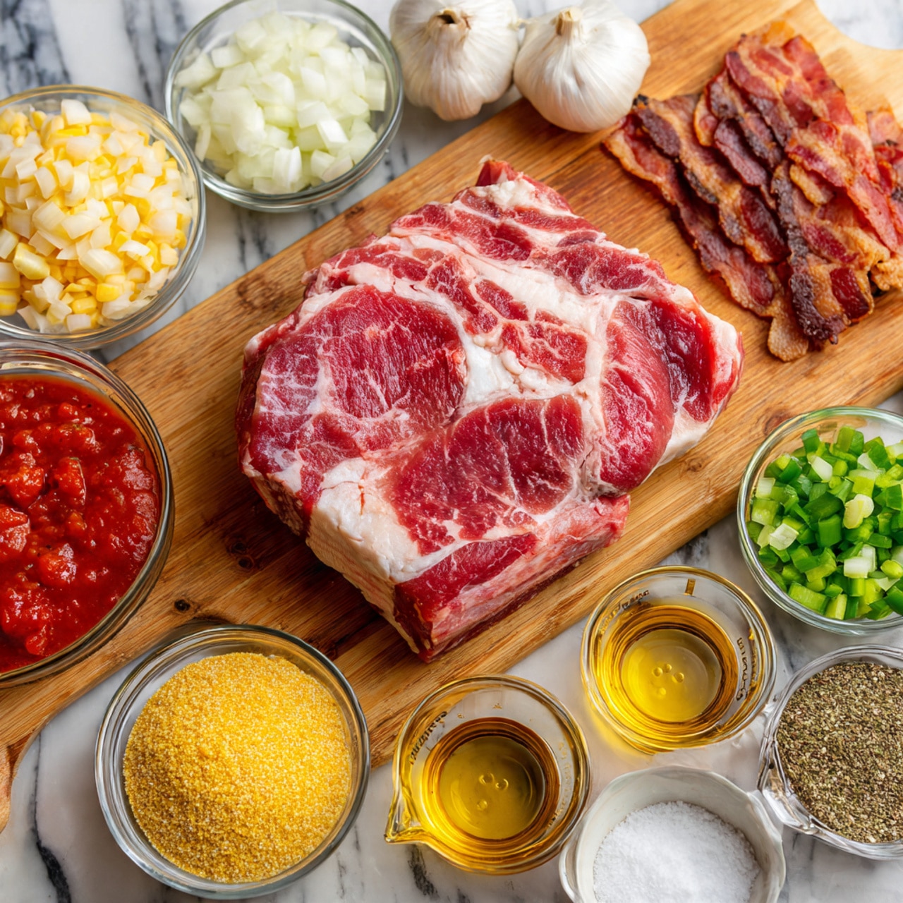 A large raw piece of red meat with white fat marbling lies in the center on a wooden cutting board. Around it are many small clear bowls holding different ingredients: chopped white onions, green diced peppers, thick strips of bacon, red tomato sauce, yellow cornmeal, salt, brown and green spices, minced garlic, and two measuring cups with golden and clear liquids. These ingredients are placed on a white marbled surface. photo taken with an iphone --ar 4:5 --v 7