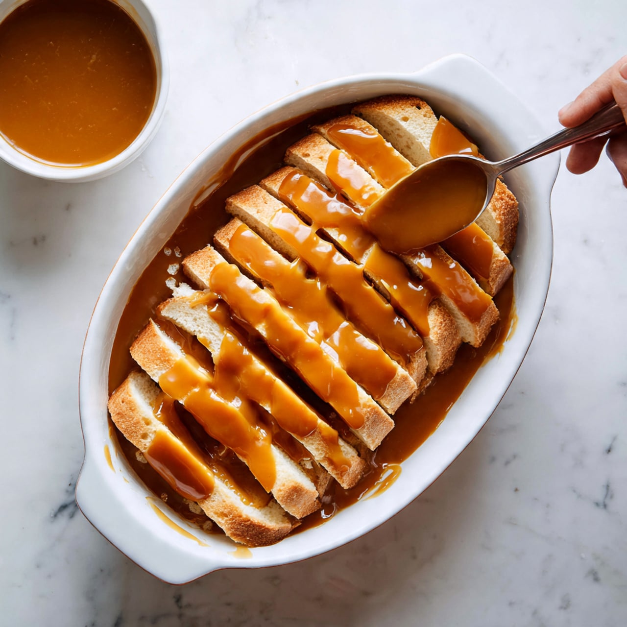 The image shows a white oval baking dish filled with thick slices of light golden bread arranged vertically in two neat rows. A smooth, shiny caramel-colored sauce is being poured over the bread, covering most of the surface unevenly with some of the sauce pooled at the bottom. To the left side, a white bowl with extra caramel sauce inside is partially visible. A woman's hand holds a silver spoon applying the sauce onto the bread, set against a white marbled surface background. photo taken with an iphone --ar 4:5 --v 7