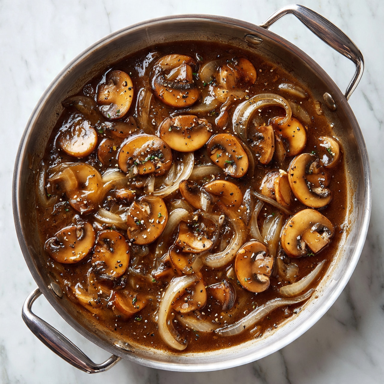 A stainless steel pan filled with a dark brown mushroom sauce, showing several sliced brown mushrooms and cooked translucent onions mixed into the thick sauce, all floating evenly throughout the pan, which is placed on a white marbled surface. The sauce has a glossy, smooth texture with visible black pepper specks and small herbs. The pan has a shiny metal handle on the left side and a small side handle on the right. photo taken with an iphone --ar 4:5 --v 7