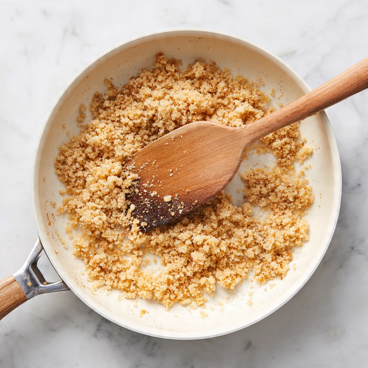 A white pan on a white marbled surface filled with a layer of small, cooked, golden-brown crumbled pieces that look like seasoned ground food. A wooden spatula rests inside the pan on top of the crumbles, with its flat edge slightly touching the food and showing some stains from cooking. The crumbled layer has a moist and slightly shiny texture, and the pan handle is visible on the left side. Photo taken with an iphone --ar 4:5 --v 7