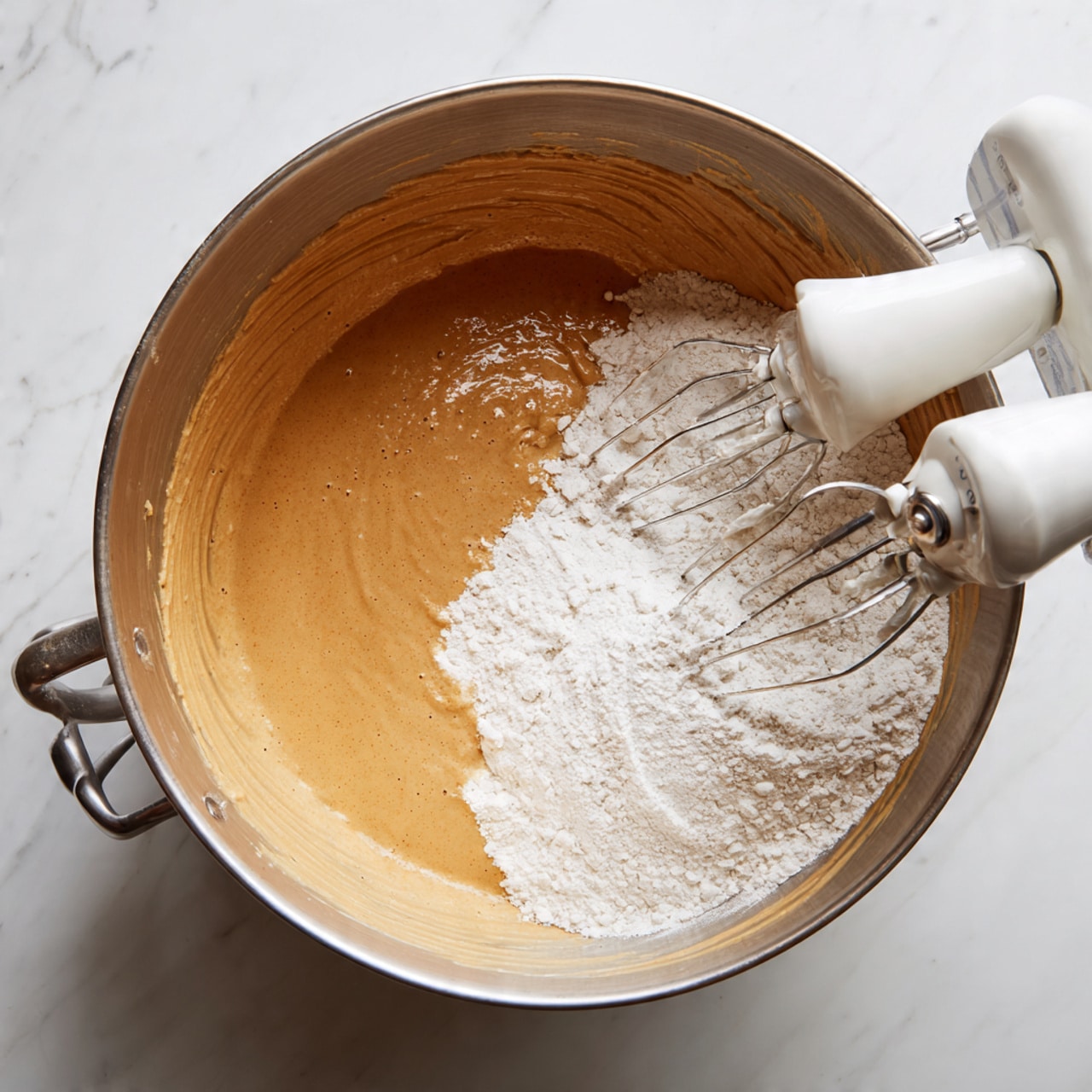 A large silver mixing bowl sits on a white marbled surface. Inside the bowl, there is a creamy, light brown mixture spread along one half, with a mound of fine white flour on the other half, not yet mixed in. Resting on the edge of the bowl is a white electric mixer with two beaters, coated lightly with the same brown mixture. The overall scene shows a baking process in progress, with a clean and bright setting. photo taken with an iphone --ar 4:5 --v 7