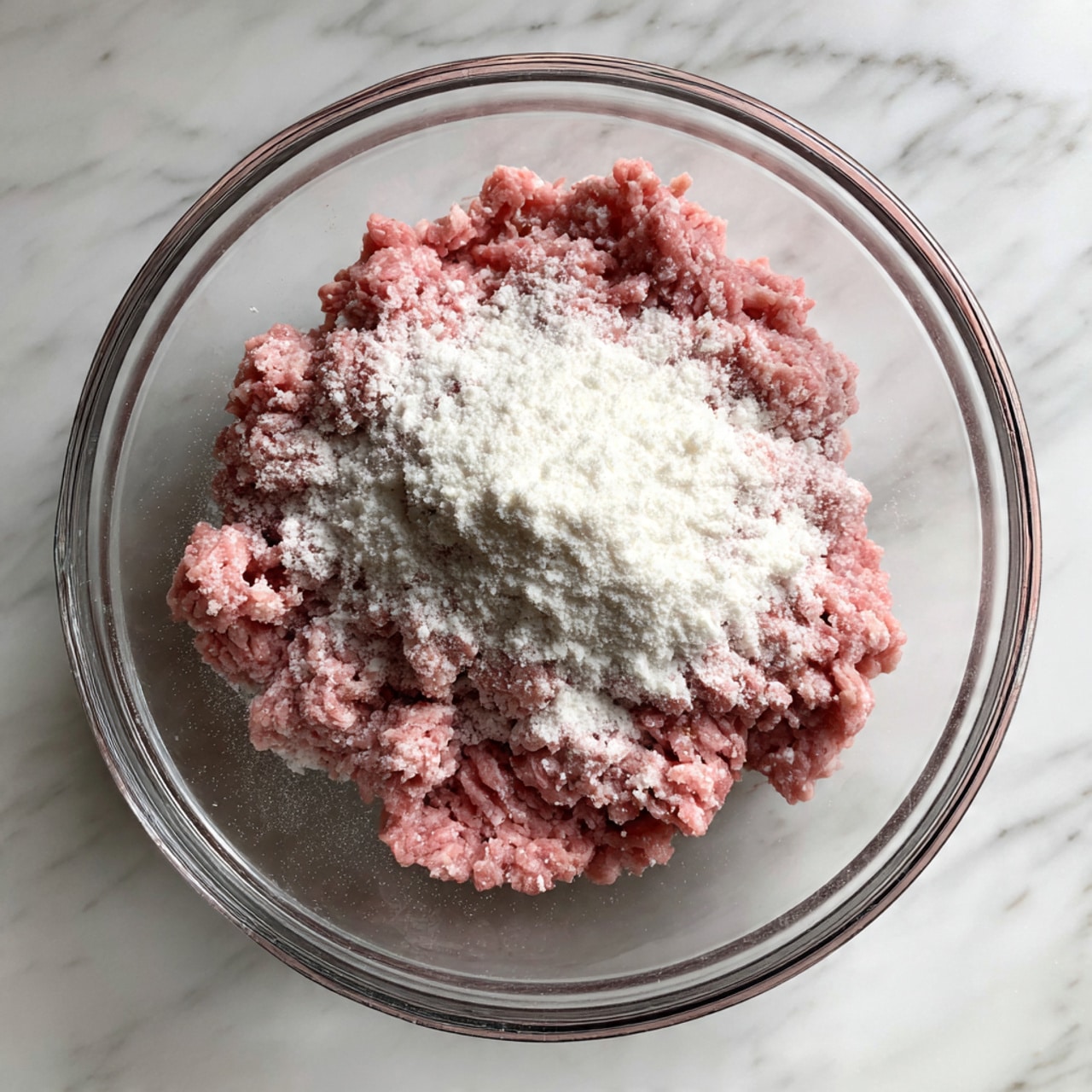 A clear glass bowl holds a large mound of raw minced meat with a pink color and soft, uneven texture. On top of the meat, a layer of fine white powder is sprinkled, contrasting sharply with the pink. The bowl sits on a white marbled surface with subtle gray veins, adding a clean and fresh look. photo taken with an iphone --ar 4:5 --v 7