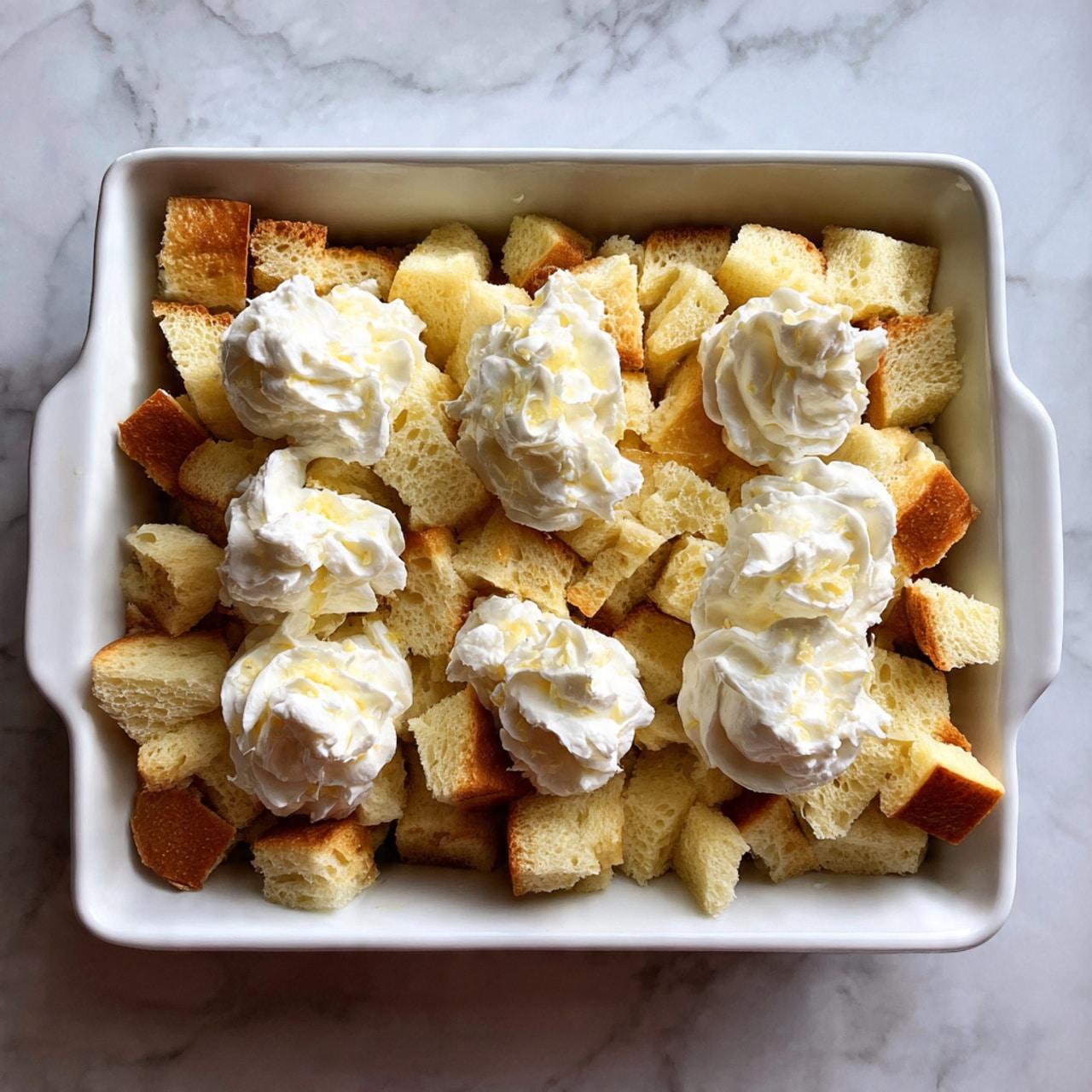 A white rectangular baking dish filled with one layer of irregularly cut bread cubes, mostly pale yellow with some golden brown crust pieces scattered throughout. On top of the bread cubes, there are dollops of thick white cream spread unevenly across the surface. The dish is placed on a surface with a white marbled texture. Photo taken with an iphone --ar 4:5 --v 7