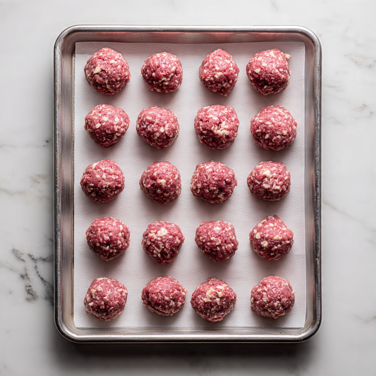 A metal baking tray lined with white parchment paper holds sixteen raw meatballs arranged in a neat 4 by 4 grid. Each meatball is roughly round and pinkish with a coarse texture, showing small bits of white fat mixed through the ground meat. The tray sits on a surface with a white marbled texture. The lighting is soft and even, highlighting the uniform spacing and color of the meatballs. photo taken with an iphone --ar 4:5 --v 7