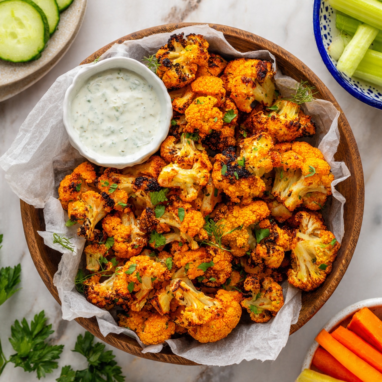 A wooden bowl lined with white parchment paper is filled with bright orange, crispy fried cauliflower florets with some charred spots and small green herb pieces sprinkled on top. Next to the cauliflower in the bowl is a small white cup filled with creamy white ranch dressing that has visible herbs mixed in. Surrounding the bowl, there is a white marbled surface with some scattered green parsley leaves near the bottom left, a stack of white plates with cucumber sticks and a small piece of cauliflower on the top plate to the upper right, and a white dish with blue trim holding celery sticks, cucumber slices, and carrot sticks at the lower right. Photo taken with an iphone --ar 4:5 --v 7