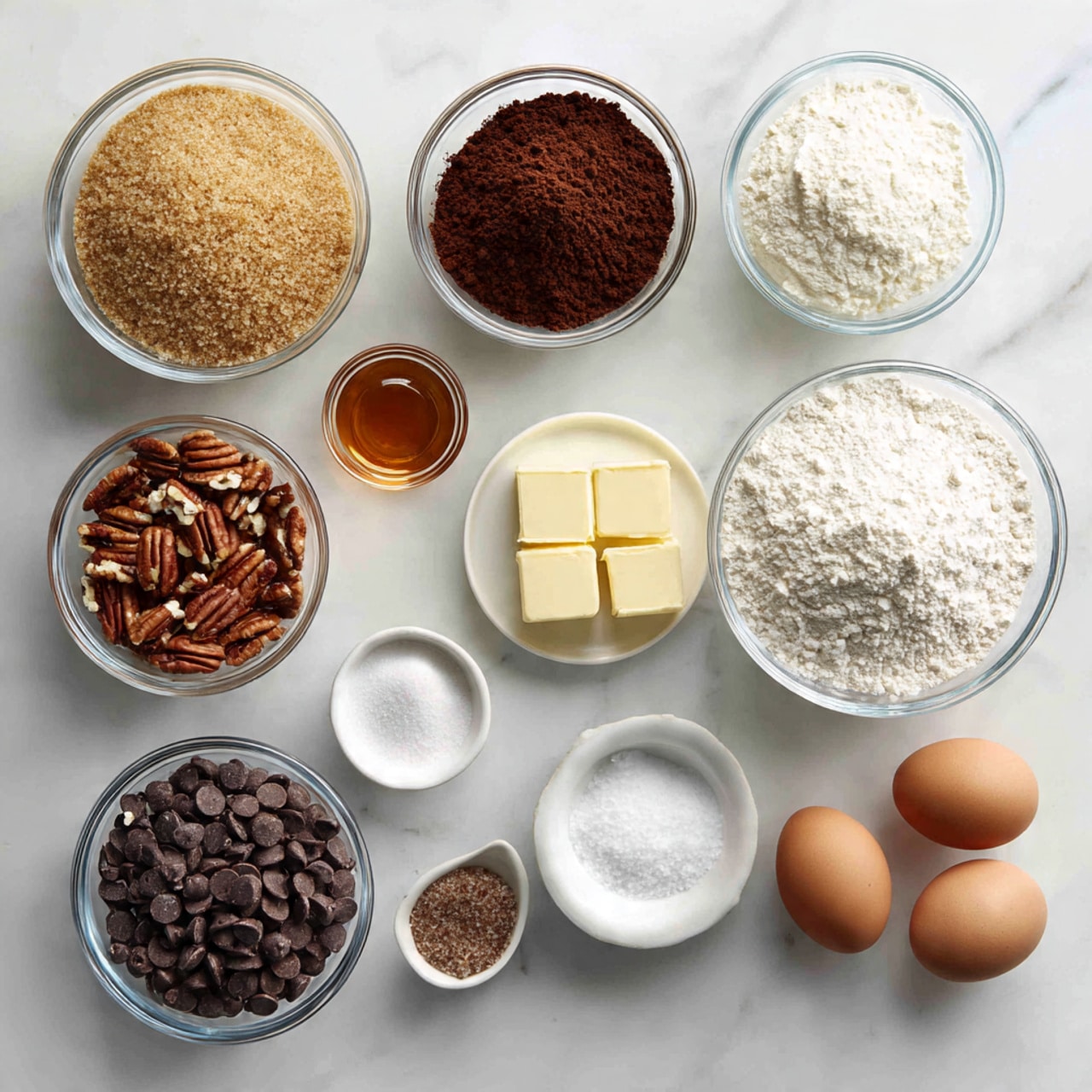 The image shows a top-down view of various baking ingredients neatly arranged on a white marbled surface. There are ten clear glass bowls and one white plate. From top left, a bowl filled with light brown sugar with a coarse texture; next to it is a bowl with dark brown cocoa powder, fine and powdery. A smaller bowl of amber-colored vanilla extract is above a white plate holding two pale yellow sticks of butter. Below the butter, a bowl filled with chopped pecans shows a mix of light and dark brown colors. To the right, a large bowl of white flour has a slightly clumpy texture. Below the brown sugar and cocoa, there are two small bowls: one with white baking soda and the other with white salt. At bottom left, a large bowl is filled with dark brown chocolate chips. Next to it is a small bowl of white granulated sugar, and above that, a bowl holding two brown eggs. The bowls are evenly spaced, and the overall look is clean and organized. Photo taken with an iphone --ar 4:5 --v 7