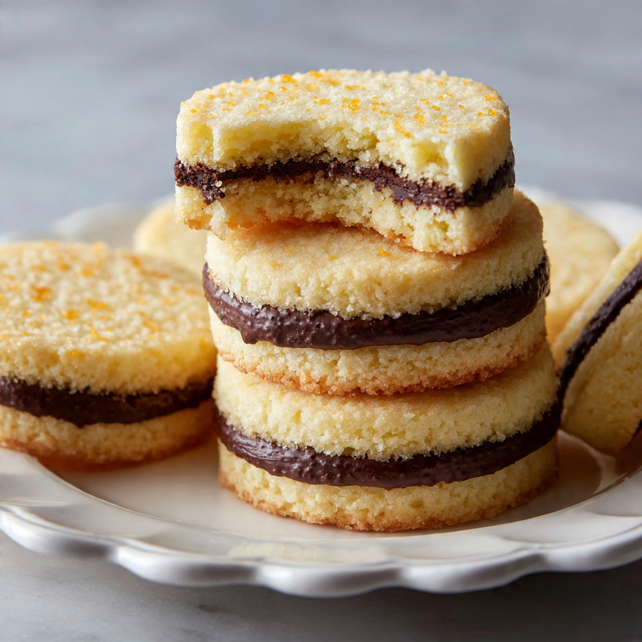 A stack of four light yellow cookies with a dark brown chocolate layer in the middle is placed on a white plate with wavy edges, with one cookie on top showing a bite taken out to reveal the soft texture inside. Around the stack, there are three more cookies lying flat on the plate, all with the same two-layer structure – pale cookie layers sandwiching a dense dark chocolate filling. The tops of the cookies have a slightly grainy surface and some small orange specks, with a white marbled surface in the background. photo taken with an iphone --ar 4:5 --v 7