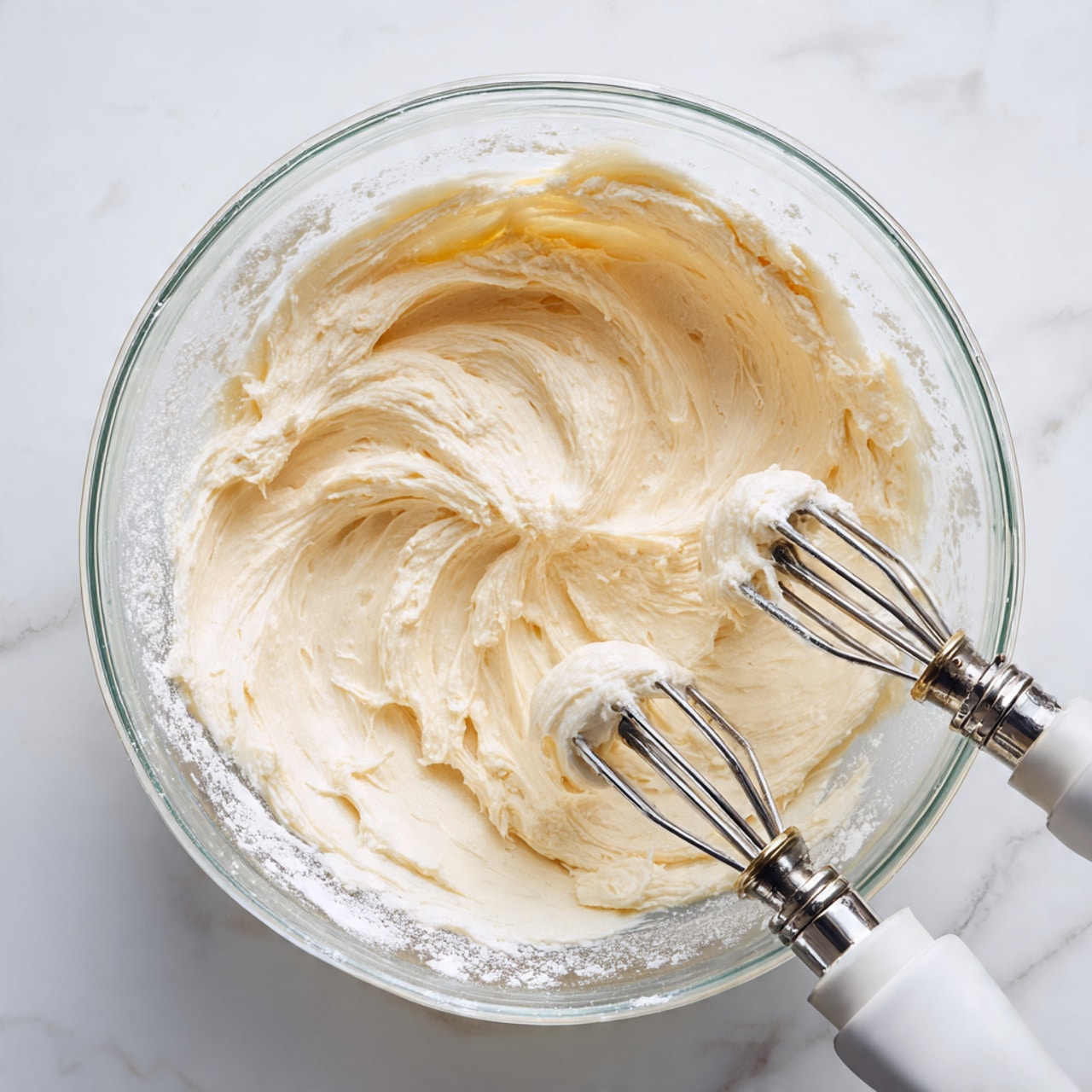 A clear glass bowl sits on a white marbled surface, filled with a creamy, light beige dough mixture. The dough has a smooth, thick texture with some soft peaks and swirls made by the beaters. Two metal beaters of a white electric hand mixer are inserted into the dough on the right side of the bowl, showing some dough clinging to them. The bowl's edge has a light dusting of white flour. Photo taken with an iphone --ar 4:5 --v 7
